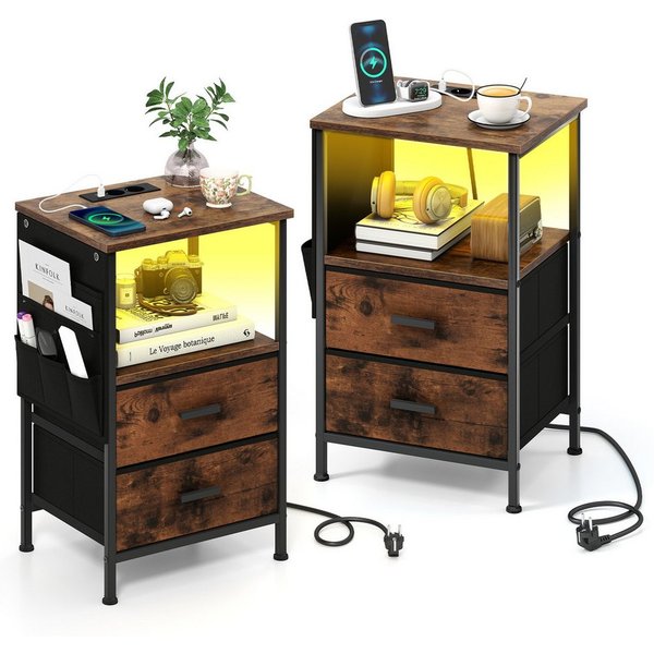 COSTWAY Nachttisch (2-St), mit LED, Ladestation, USB-Anschlüsse&Schubladen