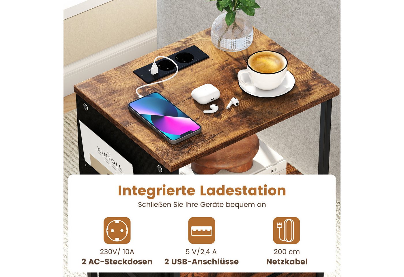 COSTWAY Nachttisch (2-St), mit LED, Ladestation, USB-Anschlüsse&Schubladen – Bild 2 von 5