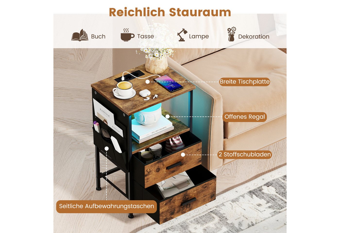 COSTWAY Nachttisch (2-St), mit LED, Ladestation, USB-Anschlüsse&Schubladen – Bild 3 von 5