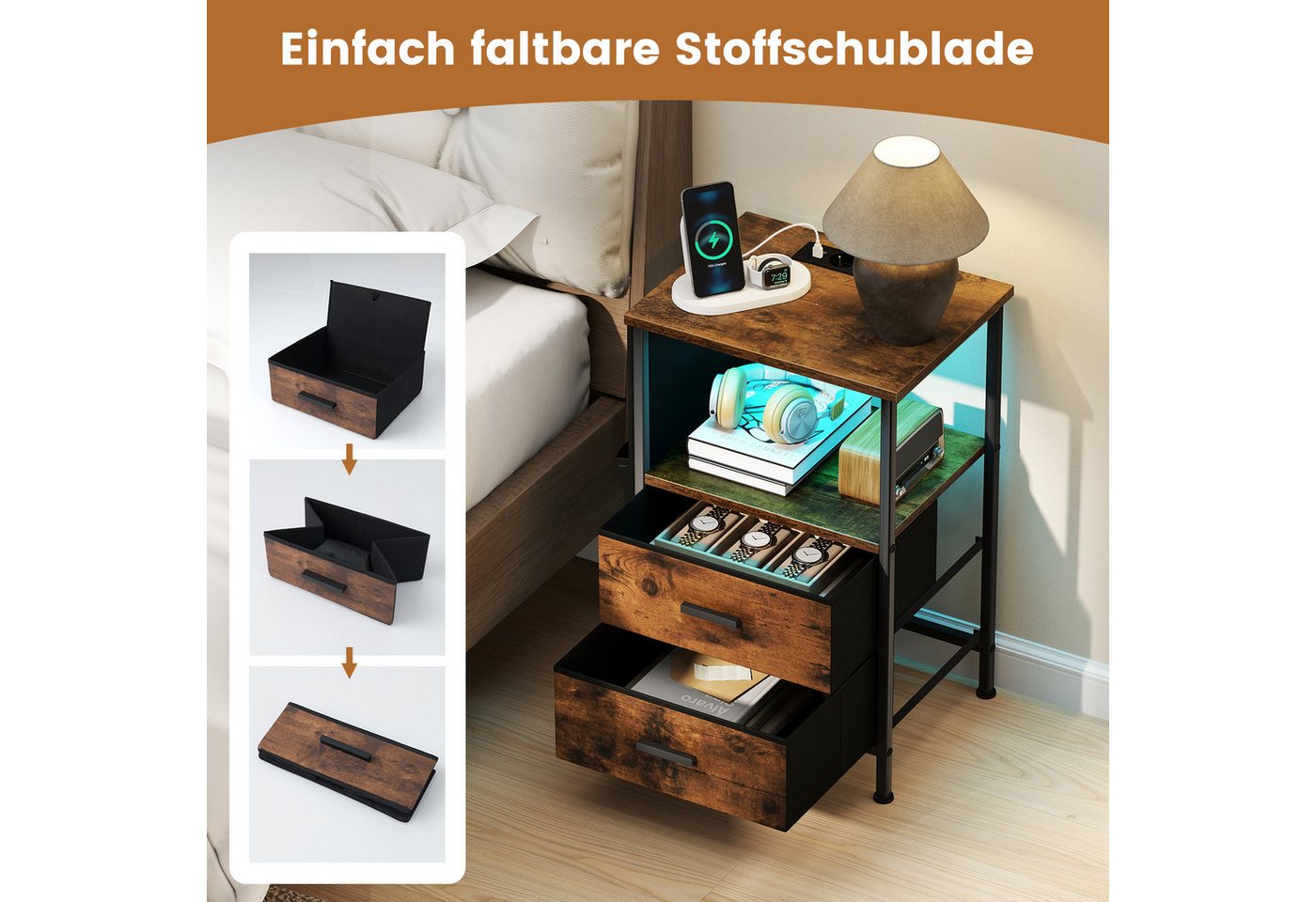 COSTWAY Nachttisch (2-St), mit LED, Ladestation, USB-Anschlüsse&Schubladen – Bild 4 von 5