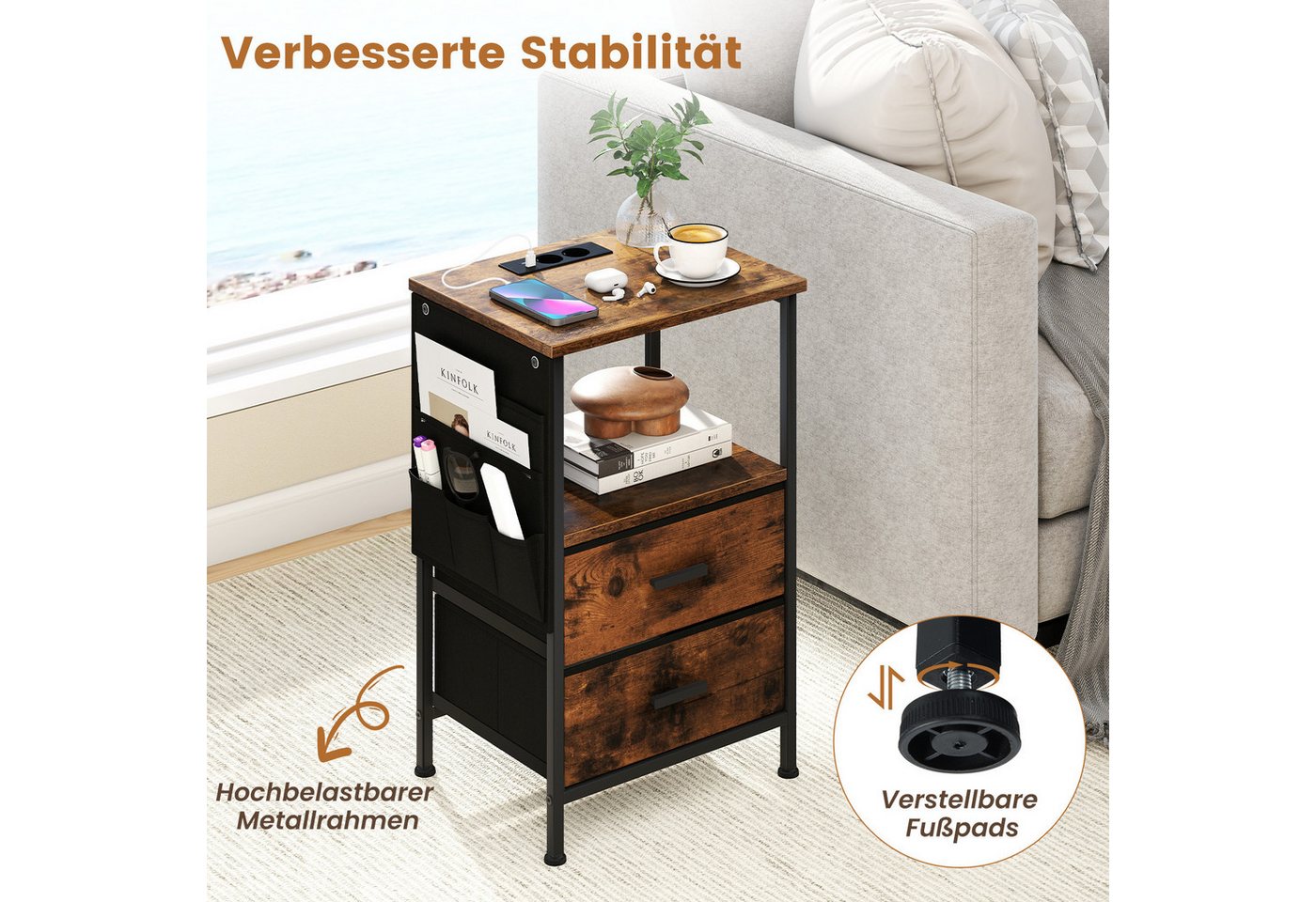 COSTWAY Nachttisch (2-St), mit LED, Ladestation, USB-Anschlüsse&Schubladen – Bild 5 von 5