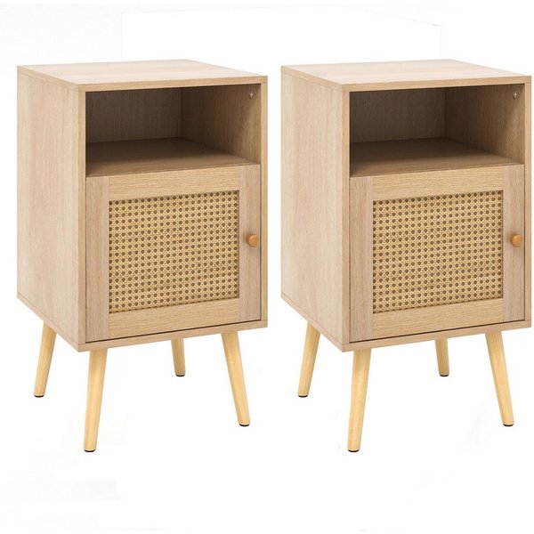 COSTWAY Nachttisch (2-St), Rattan, mit offenem Regal & Tür, 40 x 39 x 70cm