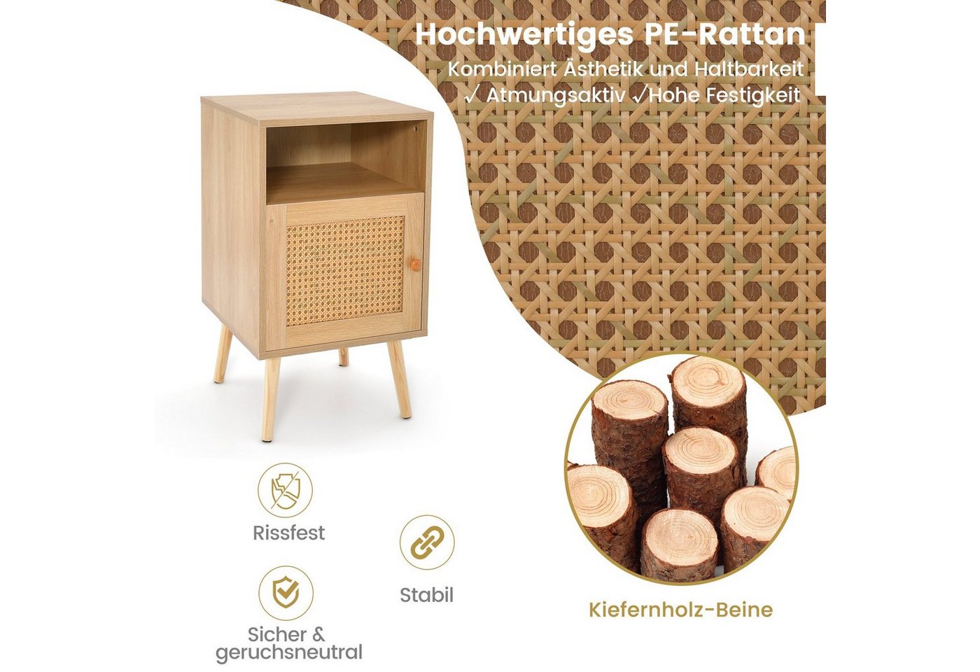 COSTWAY Nachttisch (2-St), Rattan, mit offenem Regal & Tür, 40 x 39 x 70cm – Bild 4 von 5