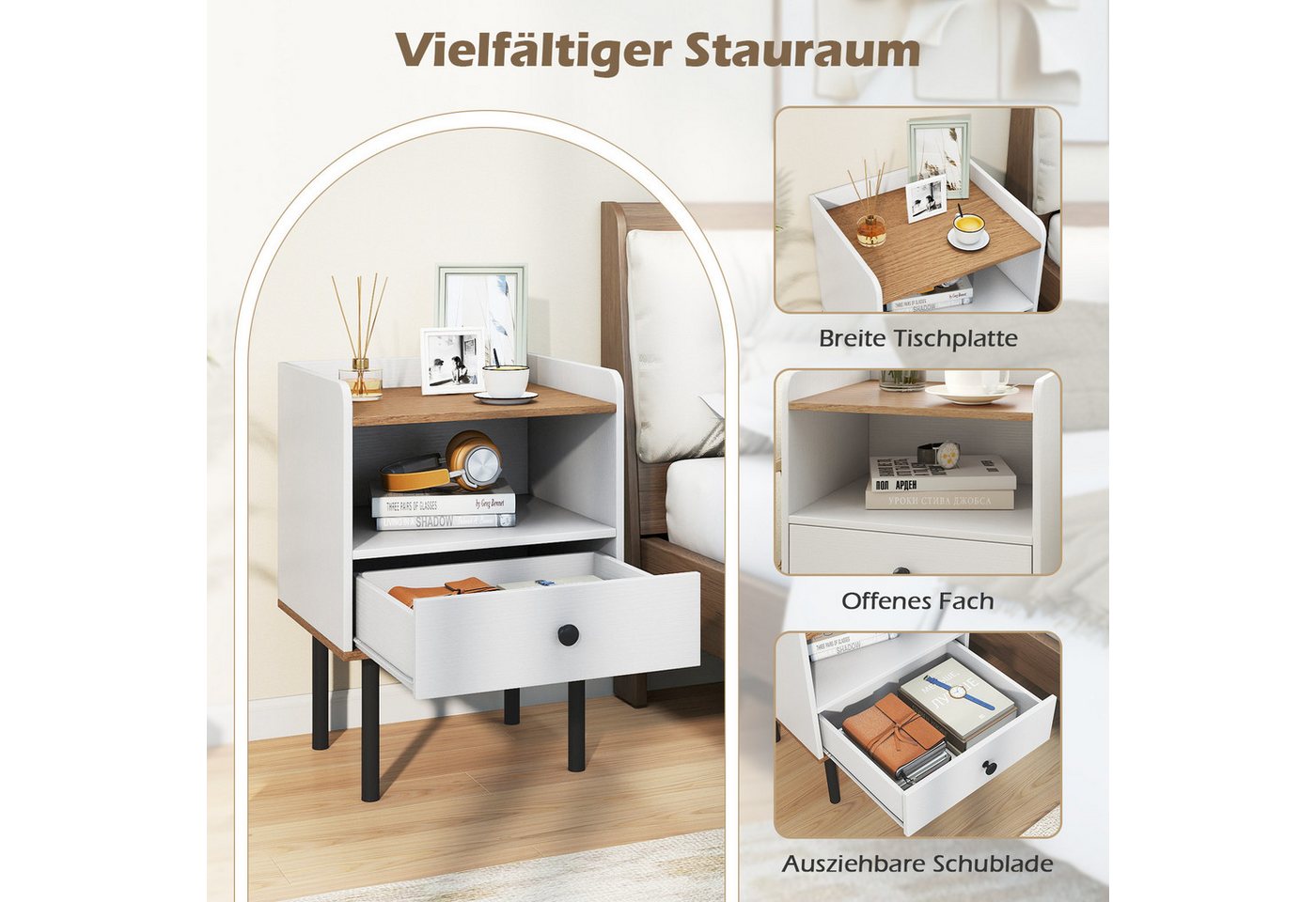 COSTWAY Nachttisch (2-St), Beistelltisch, Nachtkommode, mit Schublade – Bild 3 von 5
