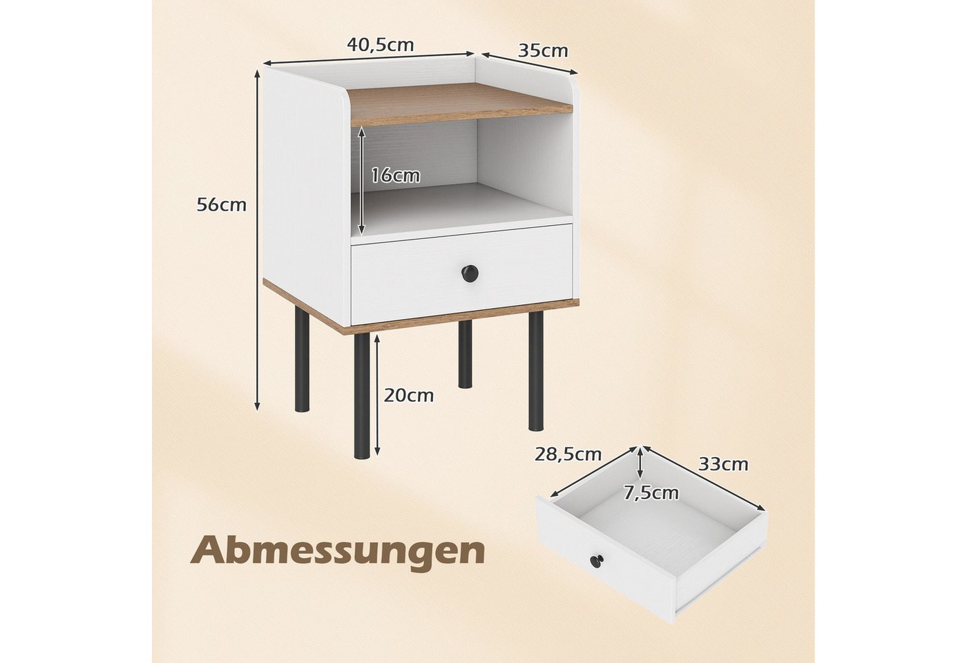COSTWAY Nachttisch (2-St), Beistelltisch, Nachtkommode, mit Schublade – Bild 4 von 5