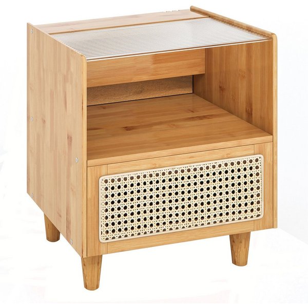 COSTWAY Nachttisch (2-St), Rattan Beistelltisch, mit Glastischplatte, aus Bambus