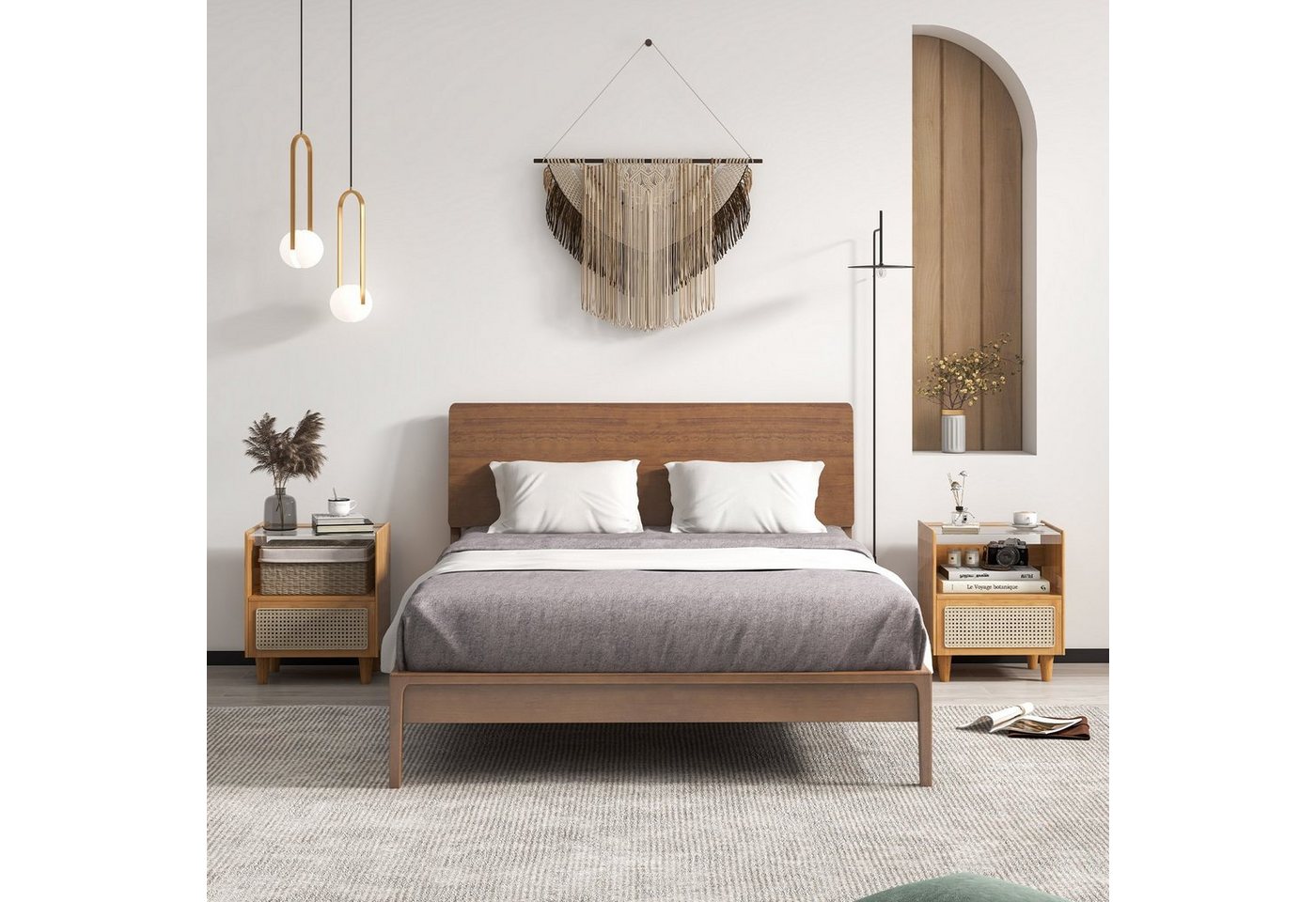 COSTWAY Nachttisch (2-St), Rattan Beistelltisch, mit Glastischplatte, aus Bambus – Bild 2 von 5