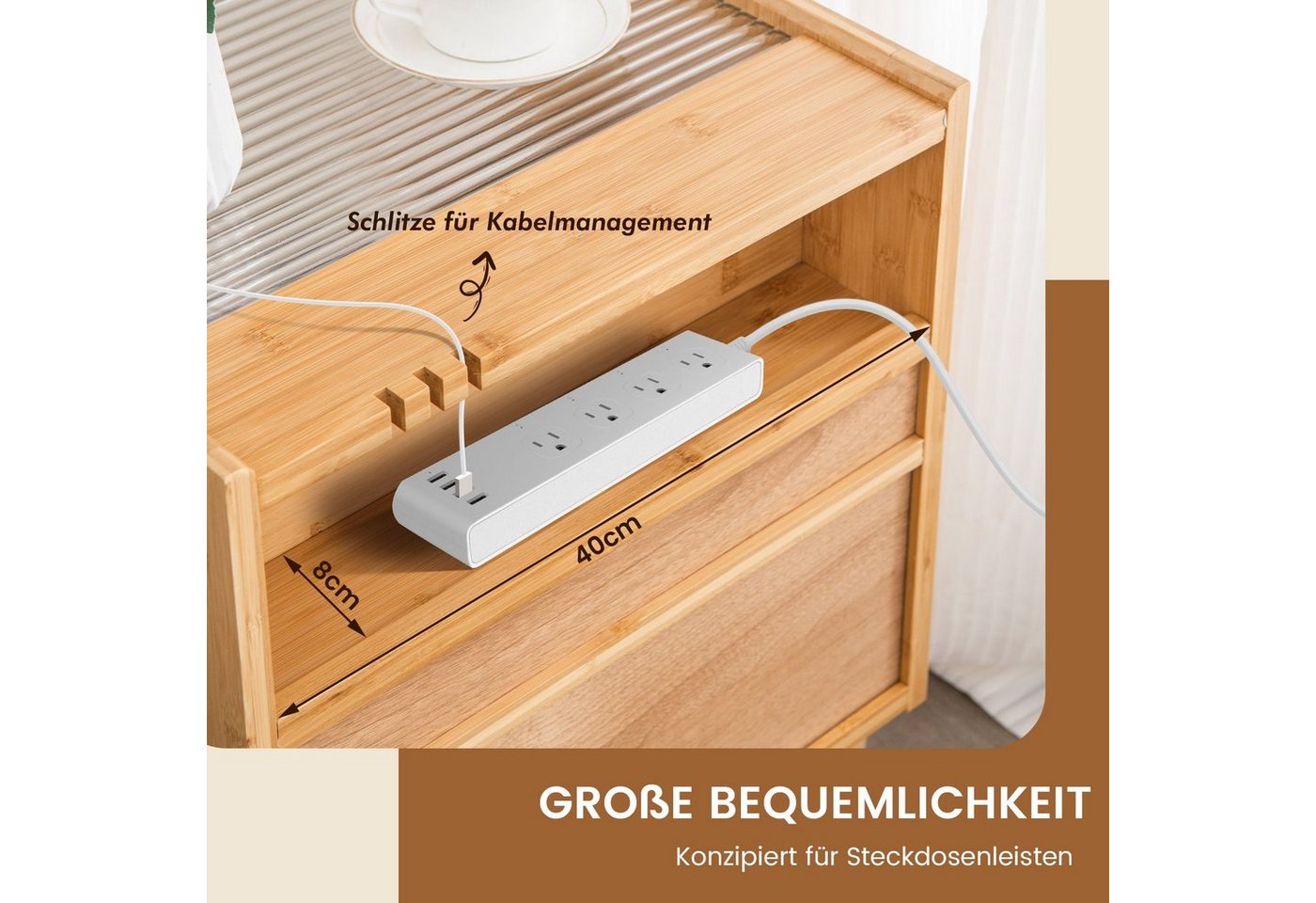 COSTWAY Nachttisch (2-St), Rattan Beistelltisch, mit Glastischplatte, aus Bambus – Bild 3 von 5
