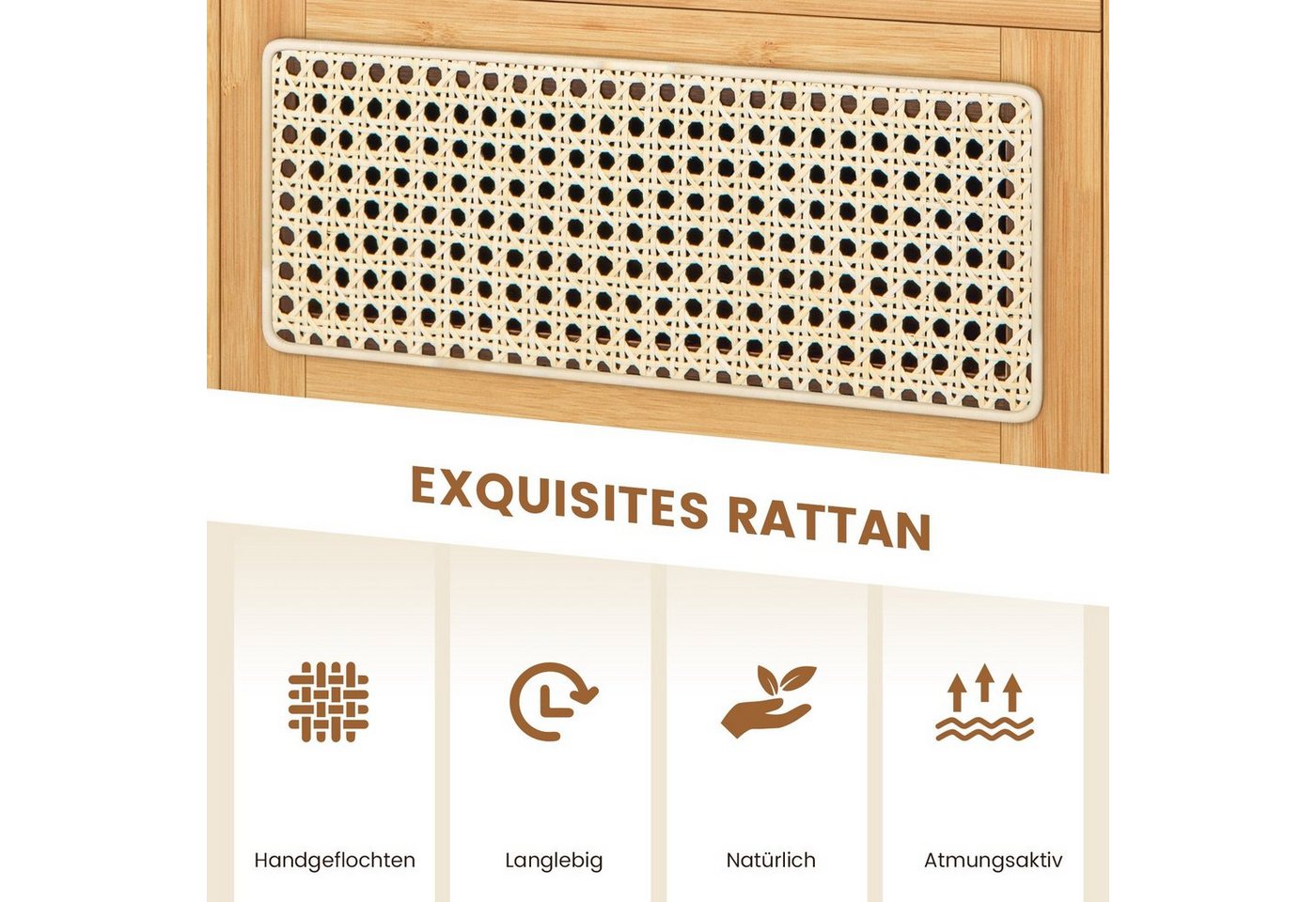 COSTWAY Nachttisch (2-St), Rattan Beistelltisch, mit Glastischplatte, aus Bambus – Bild 4 von 5