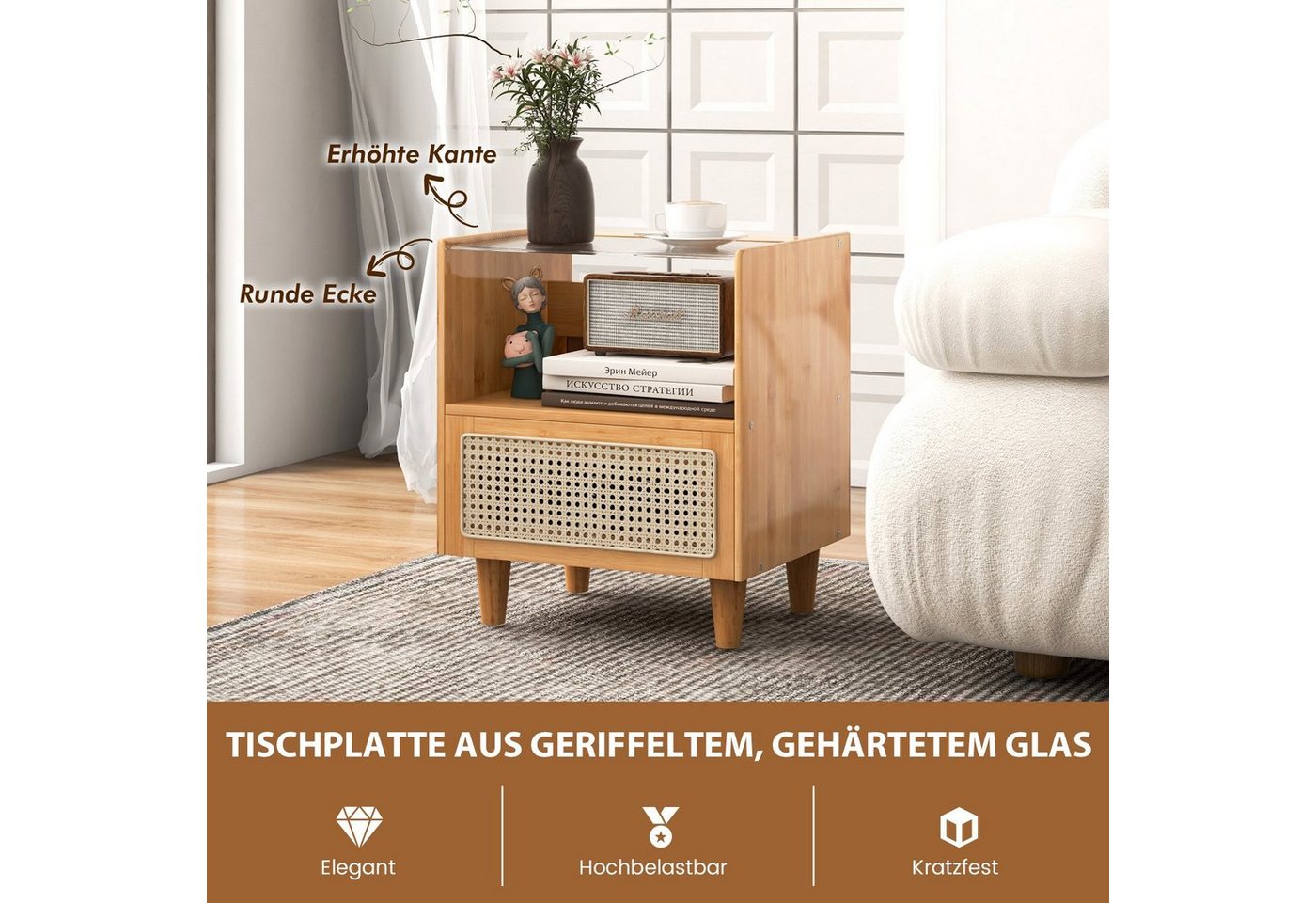 COSTWAY Nachttisch (2-St), Rattan Beistelltisch, mit Glastischplatte, aus Bambus – Bild 5 von 5