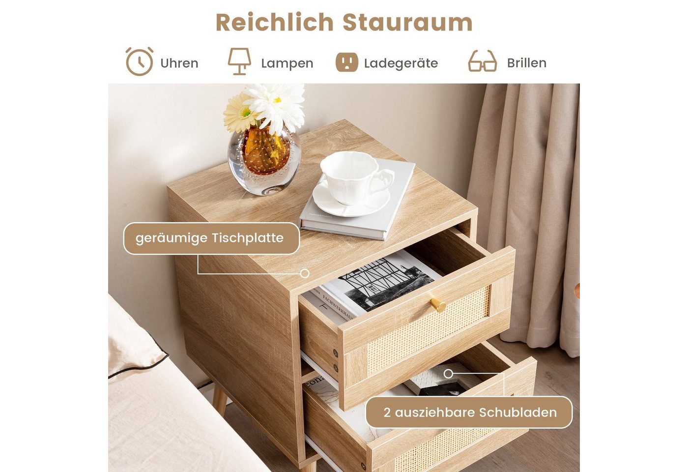 COSTWAY Nachttisch Beistelltisch (2-St), mit 2 Schubladen, 40 x 40 x 59 cm, Holz – Bild 3 von 5