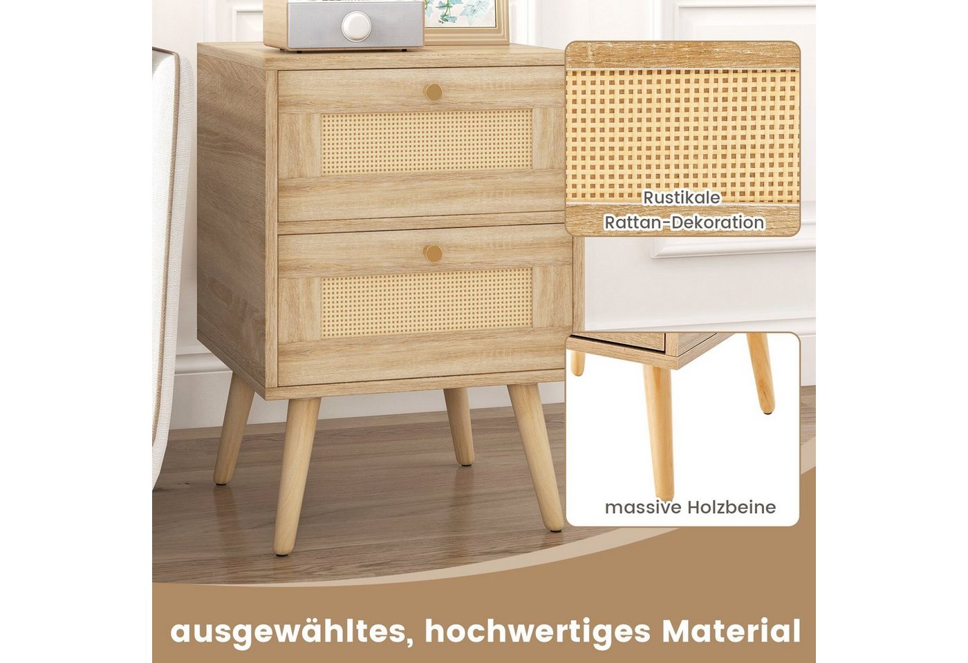 COSTWAY Nachttisch Beistelltisch (2-St), mit 2 Schubladen, 40 x 40 x 59 cm, Holz – Bild 4 von 5