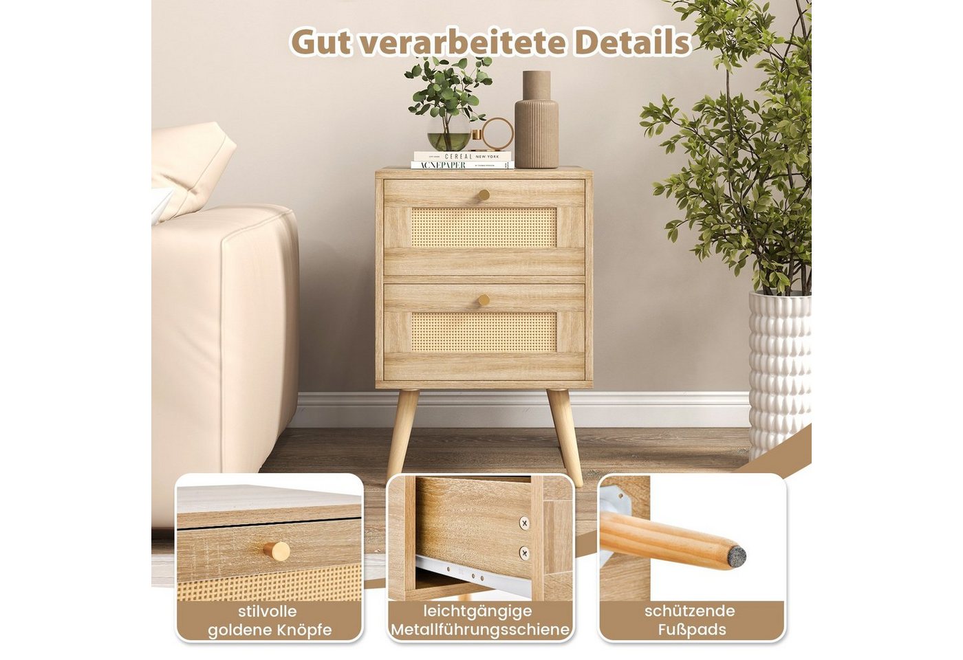 COSTWAY Nachttisch Beistelltisch (2-St), mit 2 Schubladen, 40 x 40 x 59 cm, Holz – Bild 5 von 5