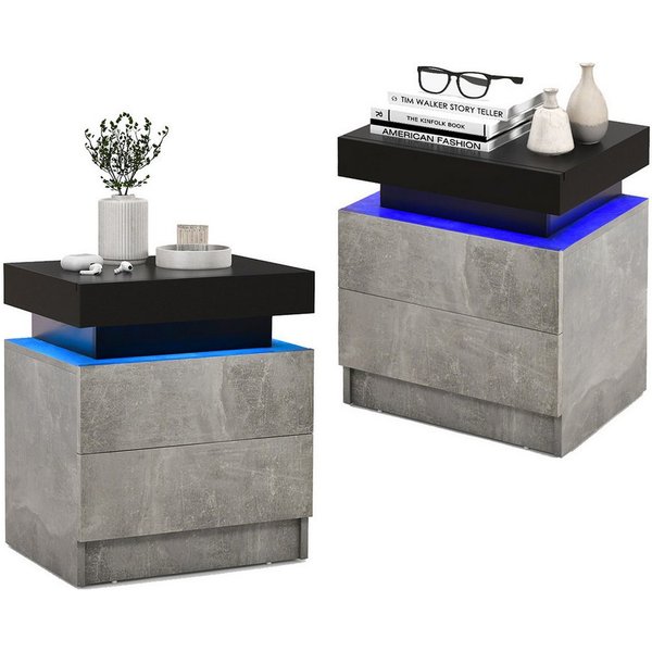 COSTWAY Nachttisch modern LED, mit Schubladen (2-St), hochglanz modern