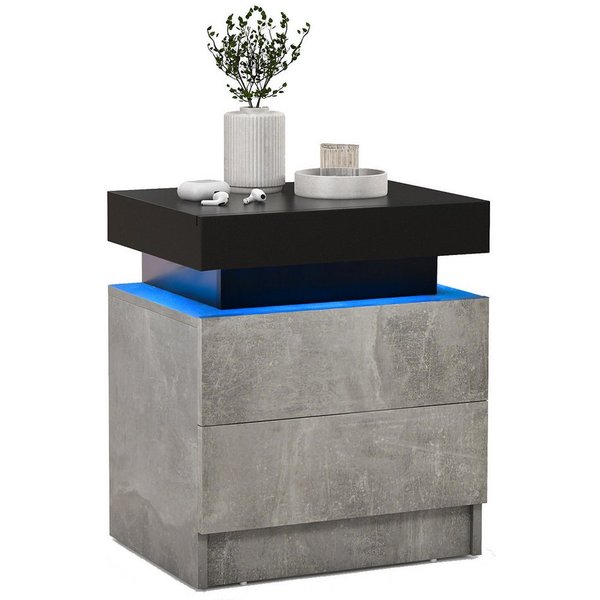COSTWAY Nachttisch modern LED, mit Schubladen (1-St), Nachtschrank grau mit Led anthrazit