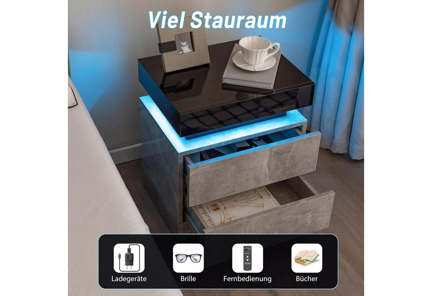 COSTWAY Nachttisch modern LED, mit Schubladen (1-St), Nachtschrank grau mit Led anthrazit – Bild 2 von 5