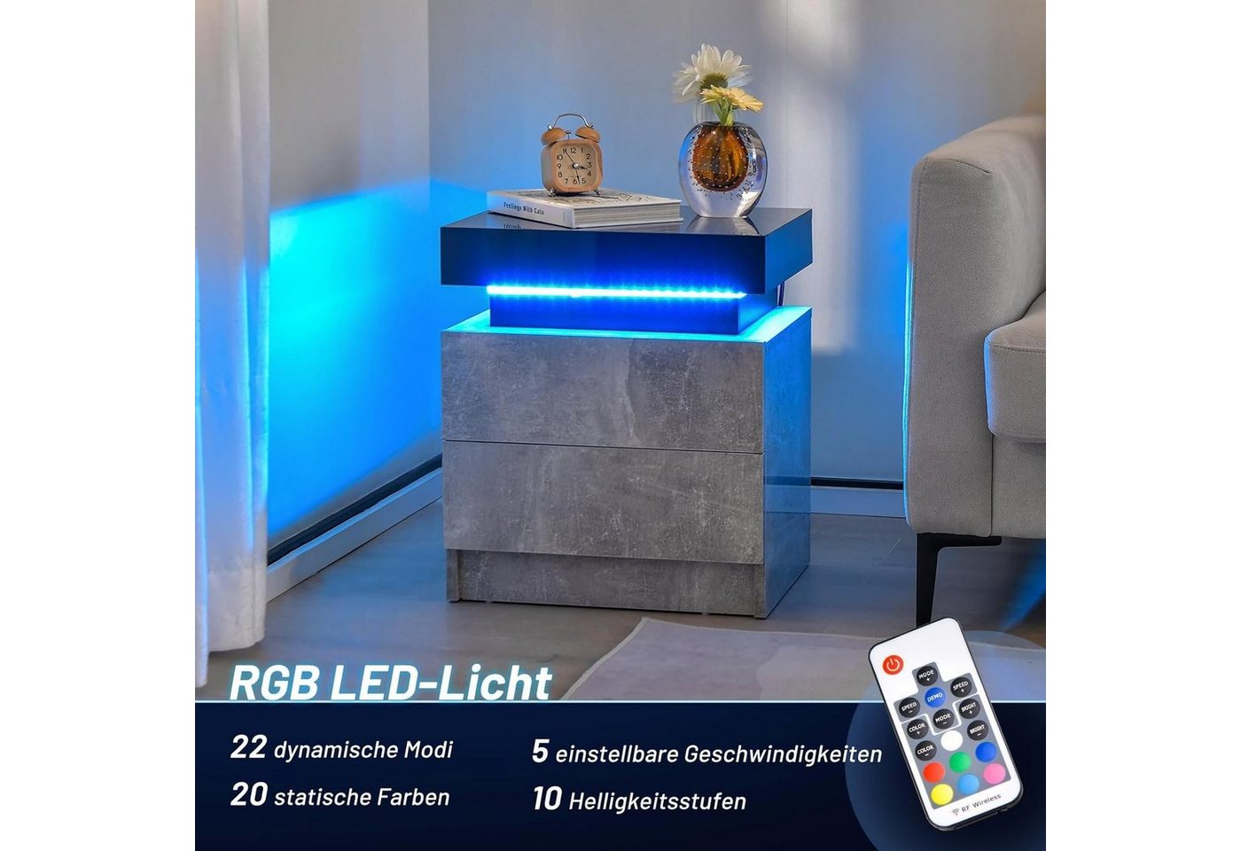 COSTWAY Nachttisch modern LED, mit Schubladen (1-St), Nachtschrank grau mit Led anthrazit – Bild 3 von 5