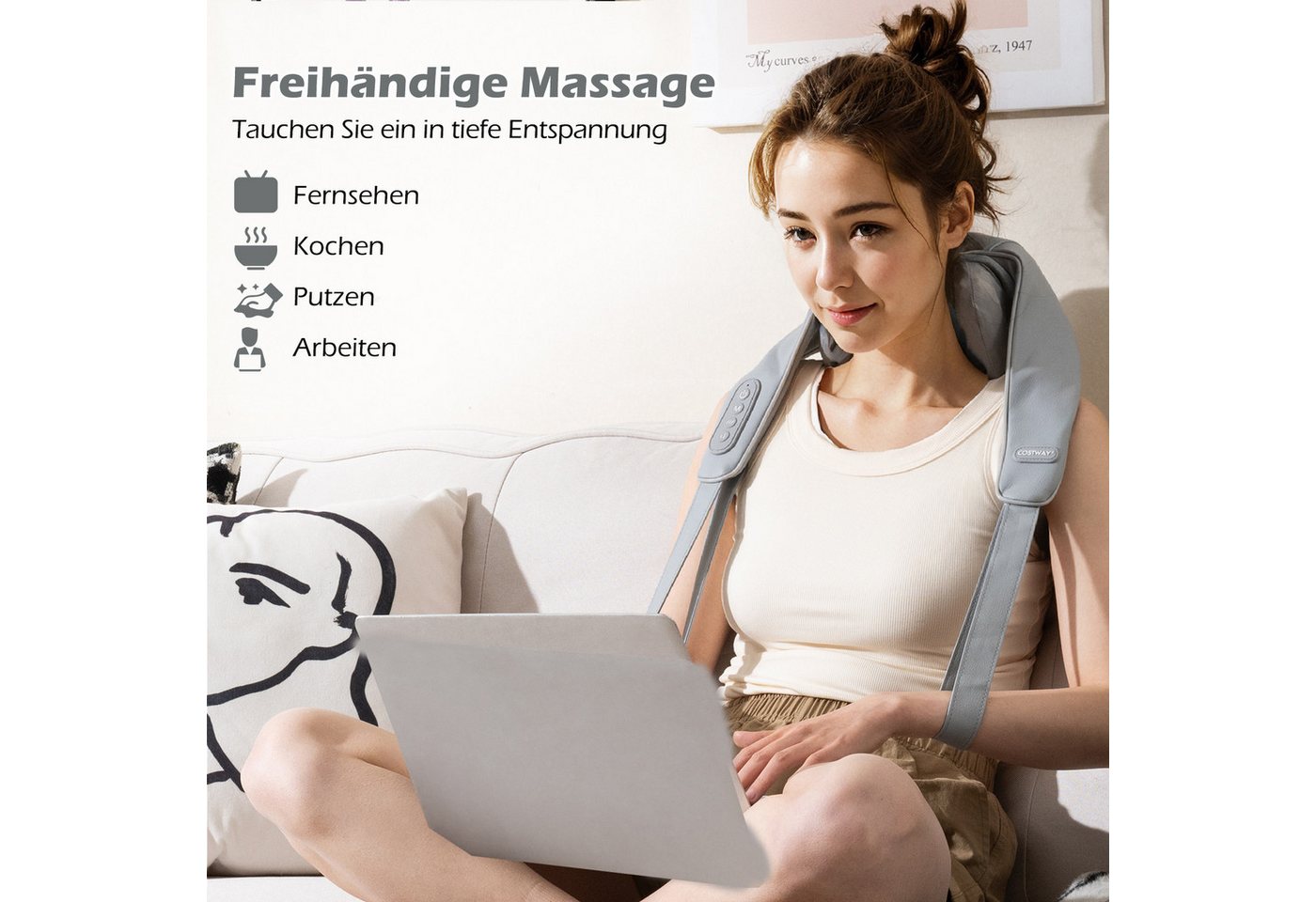 COSTWAY Nacken-Massagegerät, 4D Shiatsu mit Tiefengewebekneten & 2 Heizstufen – Bild 2 von 5