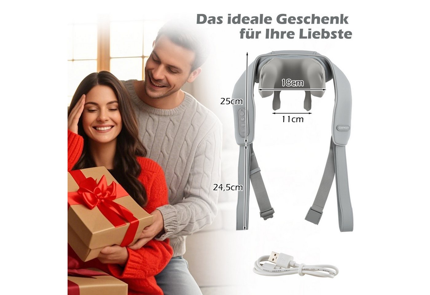 COSTWAY Nacken-Massagegerät, 4D Shiatsu mit Tiefengewebekneten & 2 Heizstufen – Bild 3 von 5