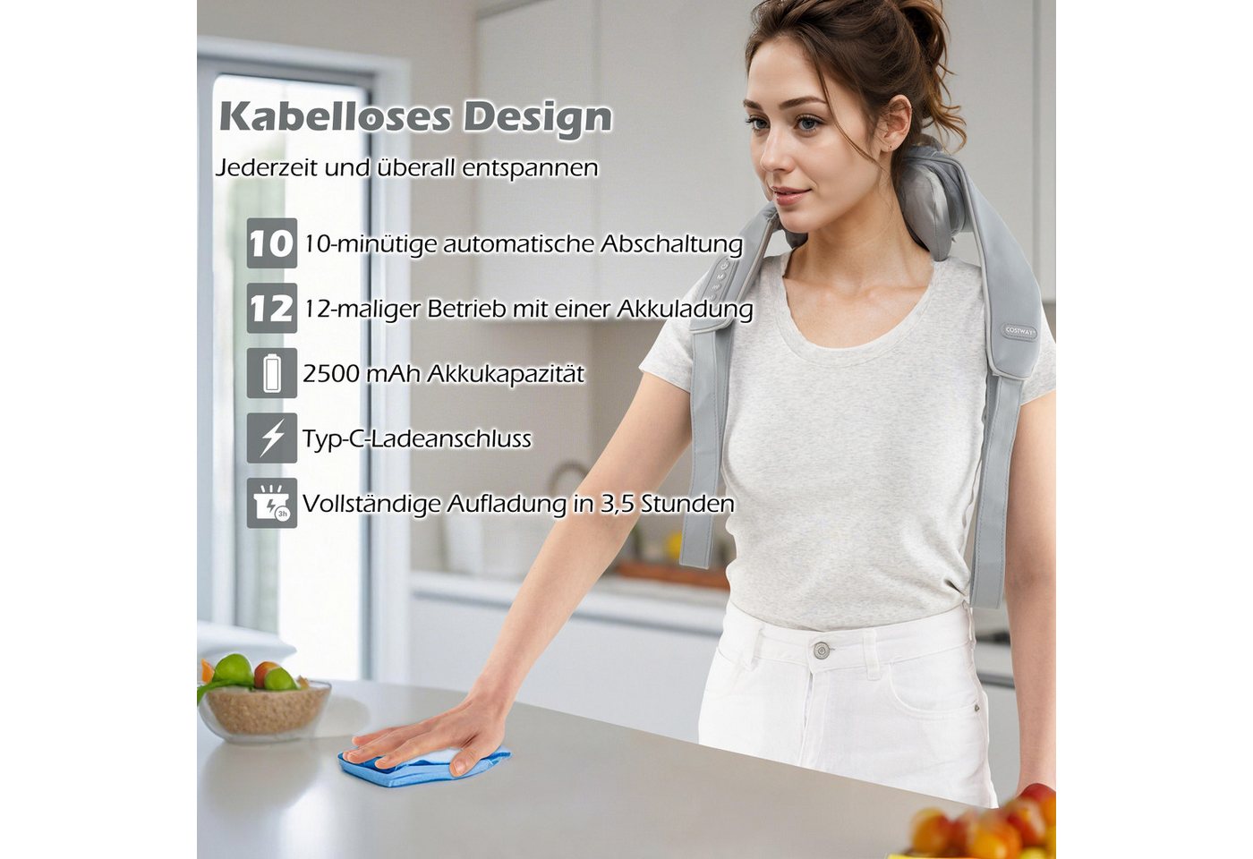 COSTWAY Nacken-Massagegerät, 4D Shiatsu mit Tiefengewebekneten & 2 Heizstufen – Bild 4 von 5