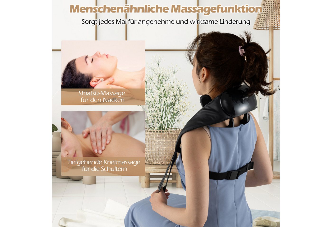 COSTWAY Nacken-Massagegerät, 4D Kneten Shiatsu mit 2 Wärmestufen, kabellos – Bild 4 von 5