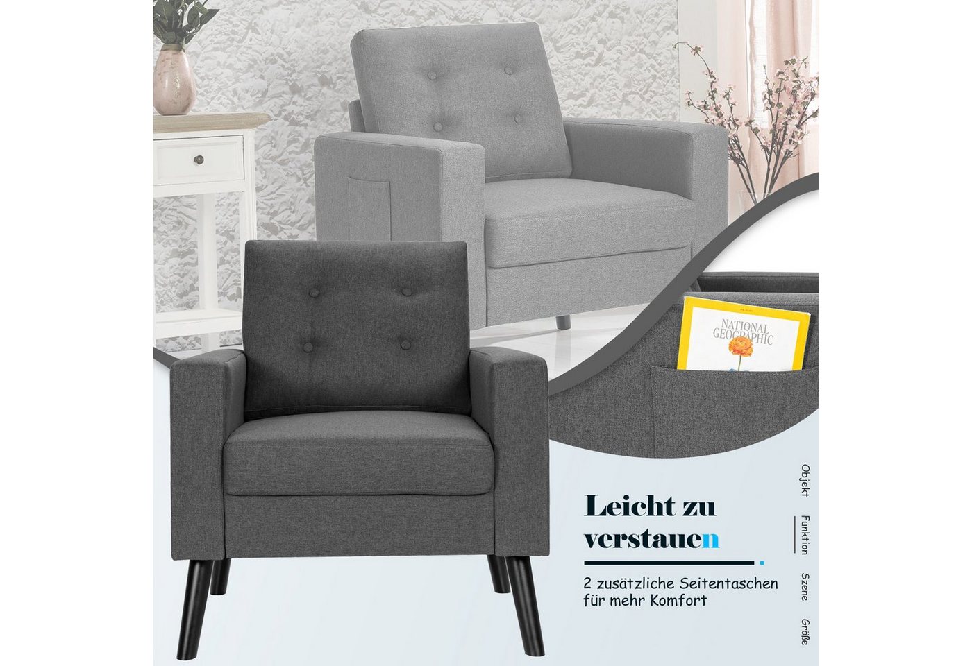 COSTWAY Ohrensessel, mit Armlehnen, Kissen, Seitentaschen, gepolstert, 120kg – Bild 4 von 5