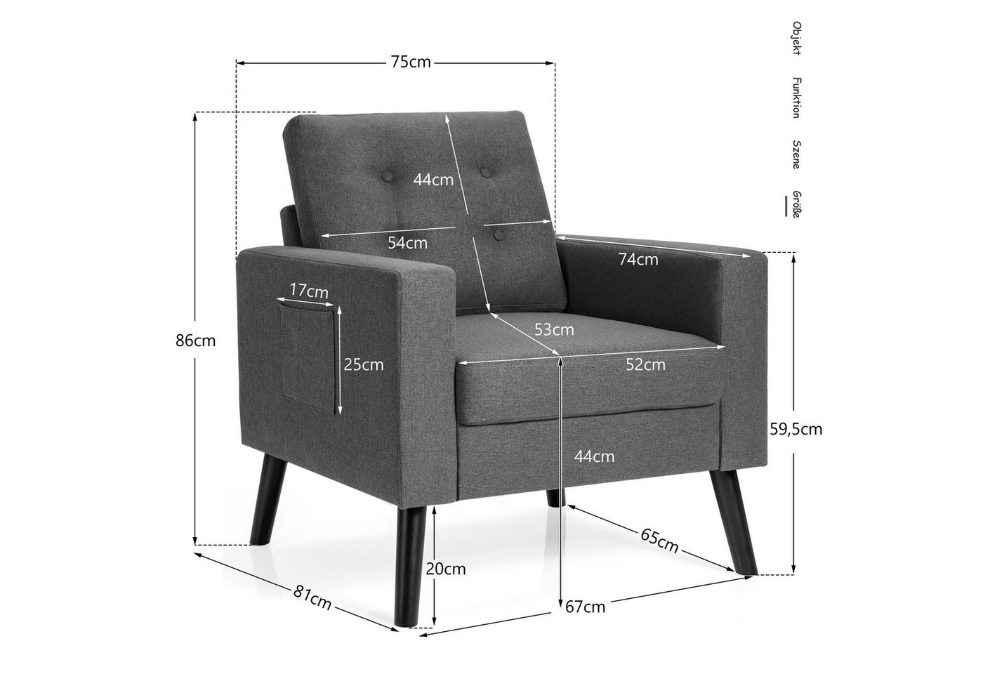 COSTWAY Ohrensessel, mit Armlehnen, Kissen, Seitentaschen, gepolstert, 120kg – Bild 5 von 5