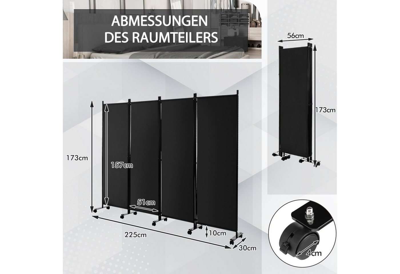 COSTWAY Paravent auf Rollen, 4 tlg., faltbar, Metallrahmen, 225x173cm – Bild 5 von 5