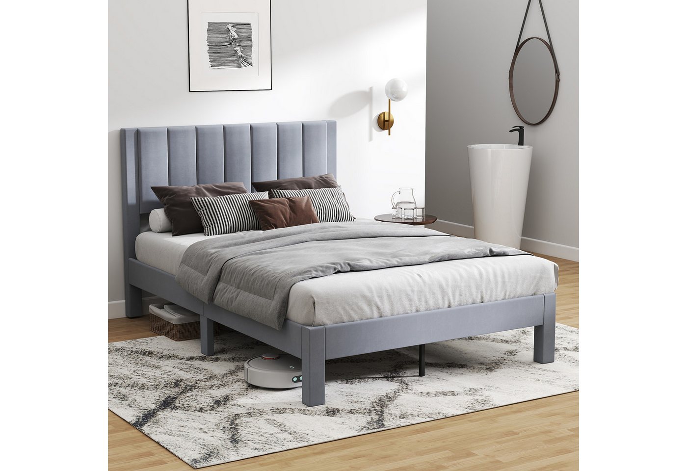 COSTWAY Polsterbett (1-tlg), Bettgestell, Doppelbett, für 140x200 cm Matratze – Bild 4 von 5
