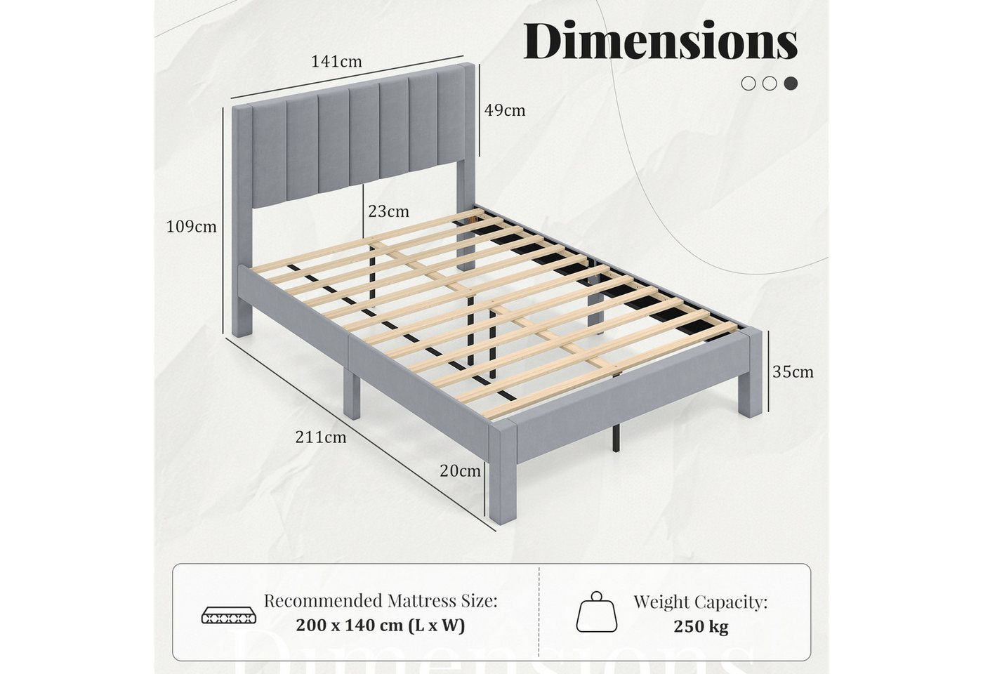 COSTWAY Polsterbett (1-tlg), Bettgestell, Doppelbett, für 140x200 cm Matratze – Bild 5 von 5