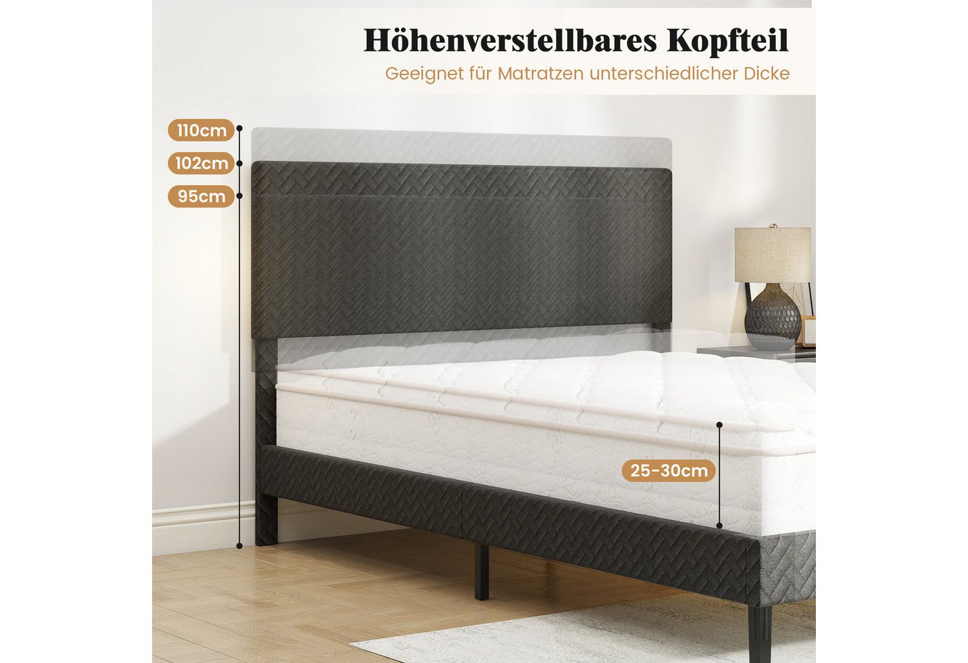 COSTWAY Polsterbett (1-tlg), Bettgestell, Bettrahmen mit Lattenrost, höhenverstellbarem Kopfteil – Bild 2 von 5