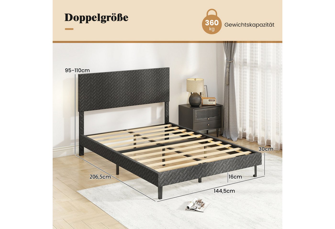 COSTWAY Polsterbett (1-tlg), Bettgestell, Bettrahmen mit Lattenrost, höhenverstellbarem Kopfteil – Bild 3 von 5