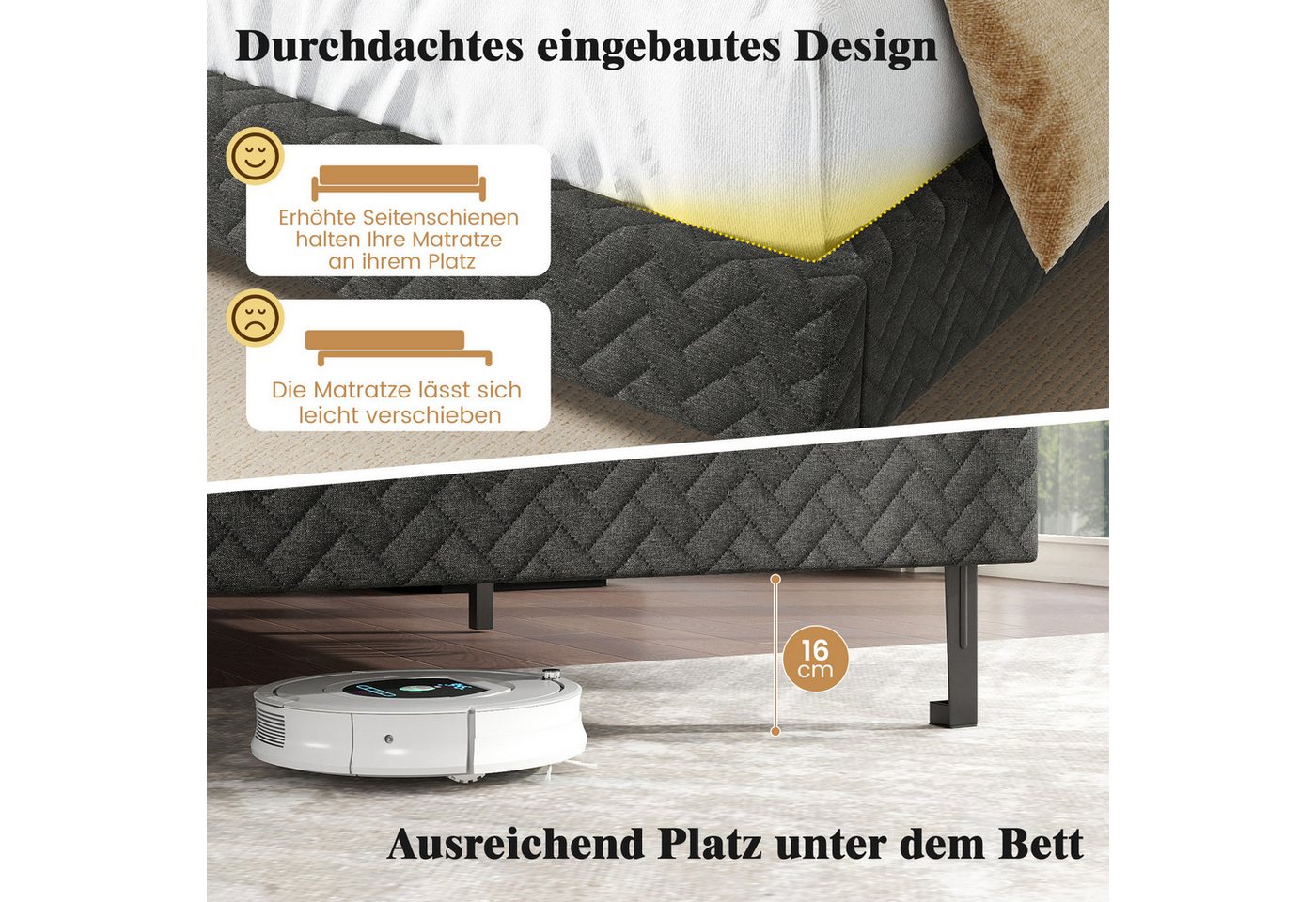 COSTWAY Polsterbett (1-tlg), Bettgestell, Bettrahmen mit Lattenrost, höhenverstellbarem Kopfteil – Bild 4 von 5