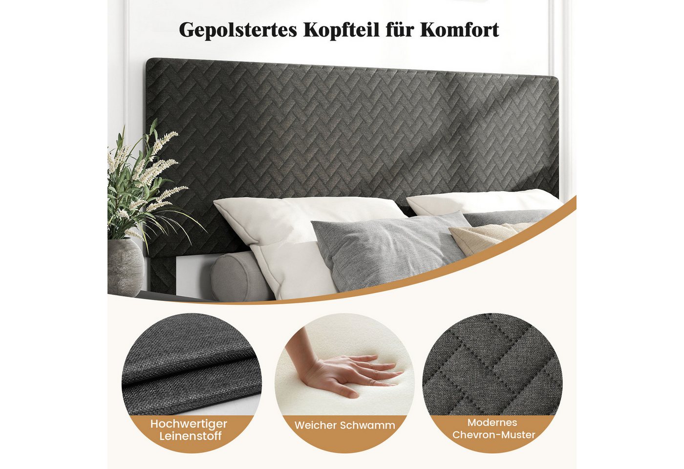 COSTWAY Polsterbett (1-tlg), Bettgestell, Bettrahmen mit Lattenrost, höhenverstellbarem Kopfteil – Bild 5 von 5