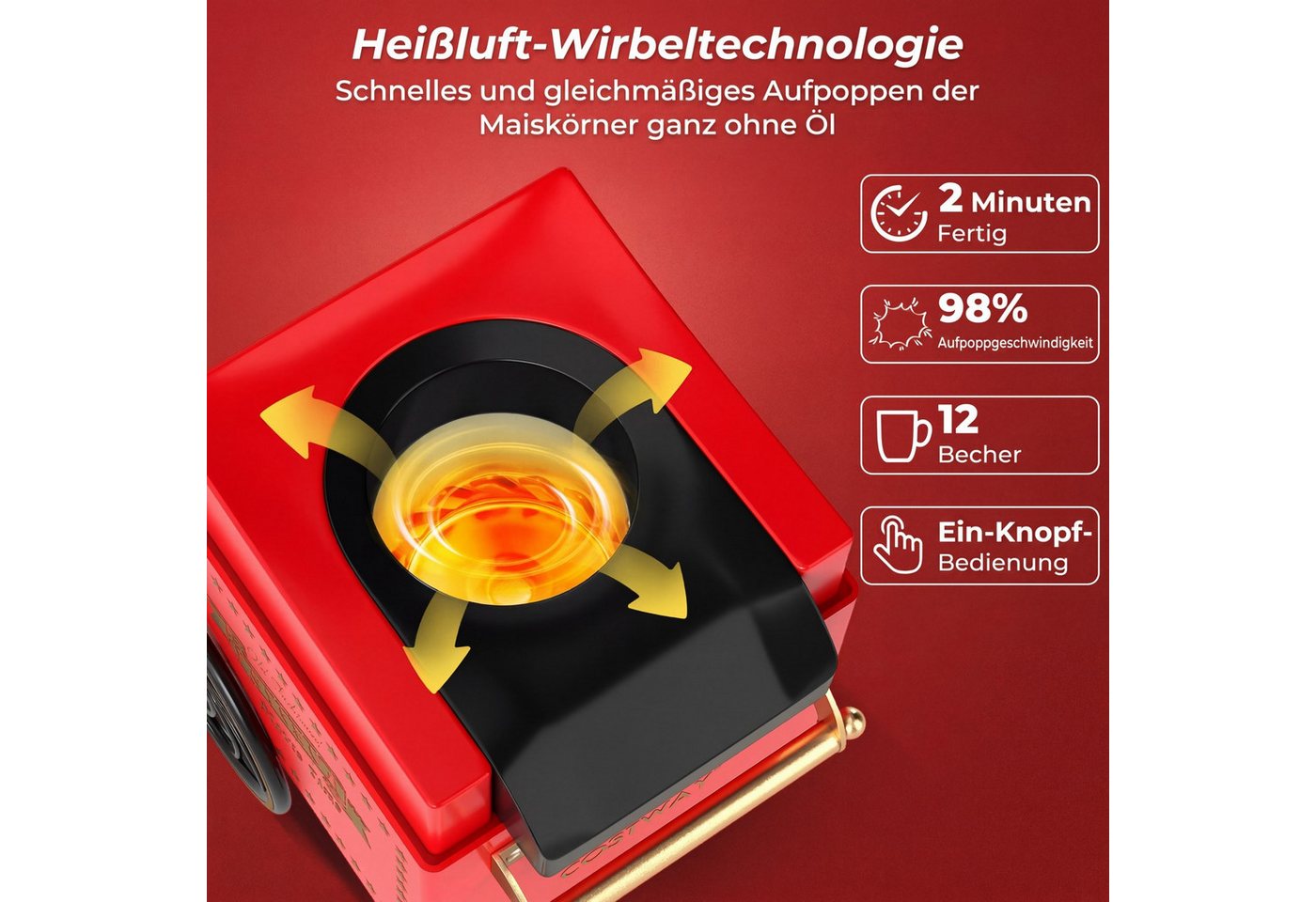 COSTWAY Popcornmaschine, 1200W Heißluft Popcorn Maker Ohne Öl, 2 Minuten – Bild 2 von 5