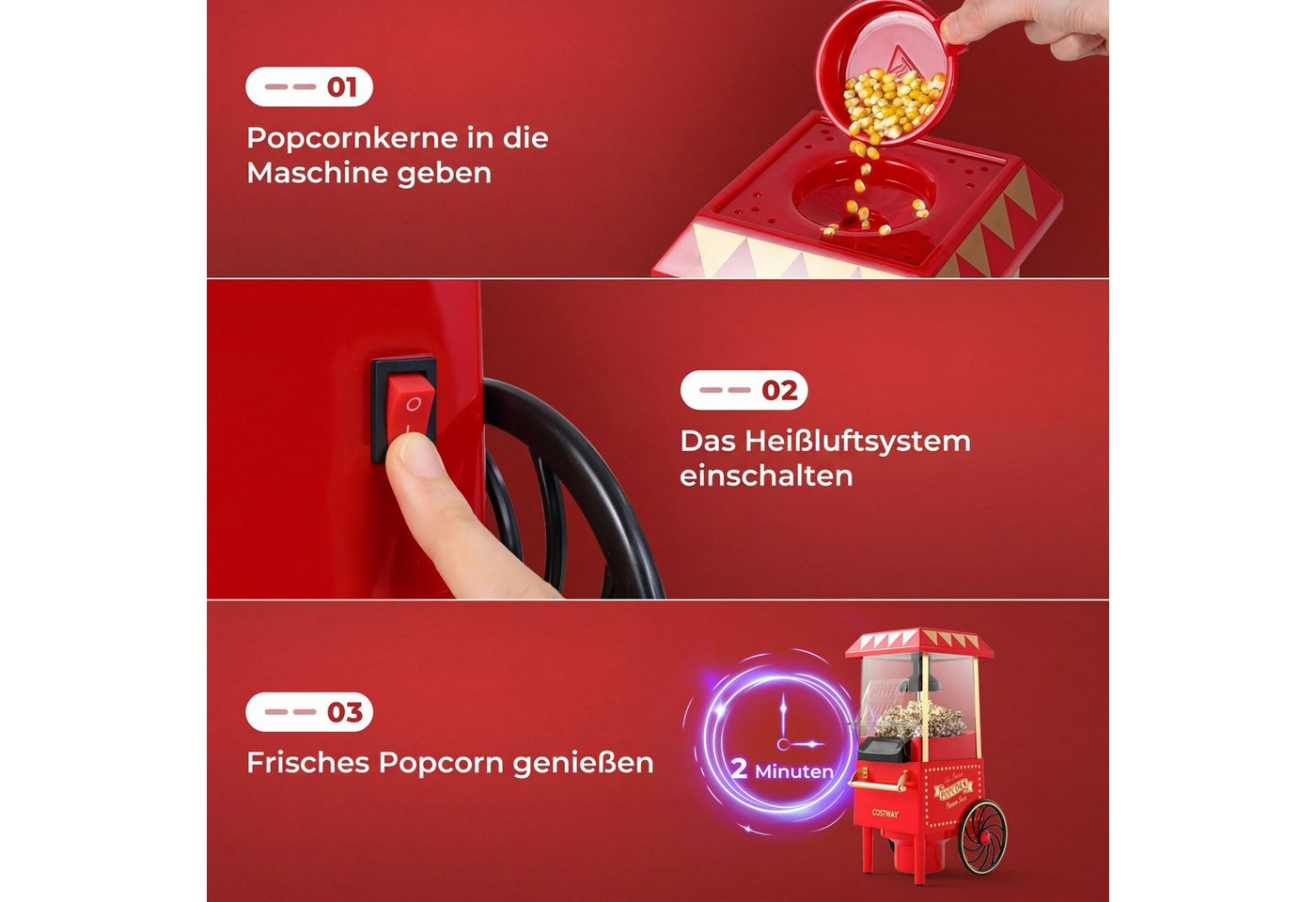 COSTWAY Popcornmaschine, 1200W Heißluft Popcorn Maker Ohne Öl, 2 Minuten – Bild 3 von 5