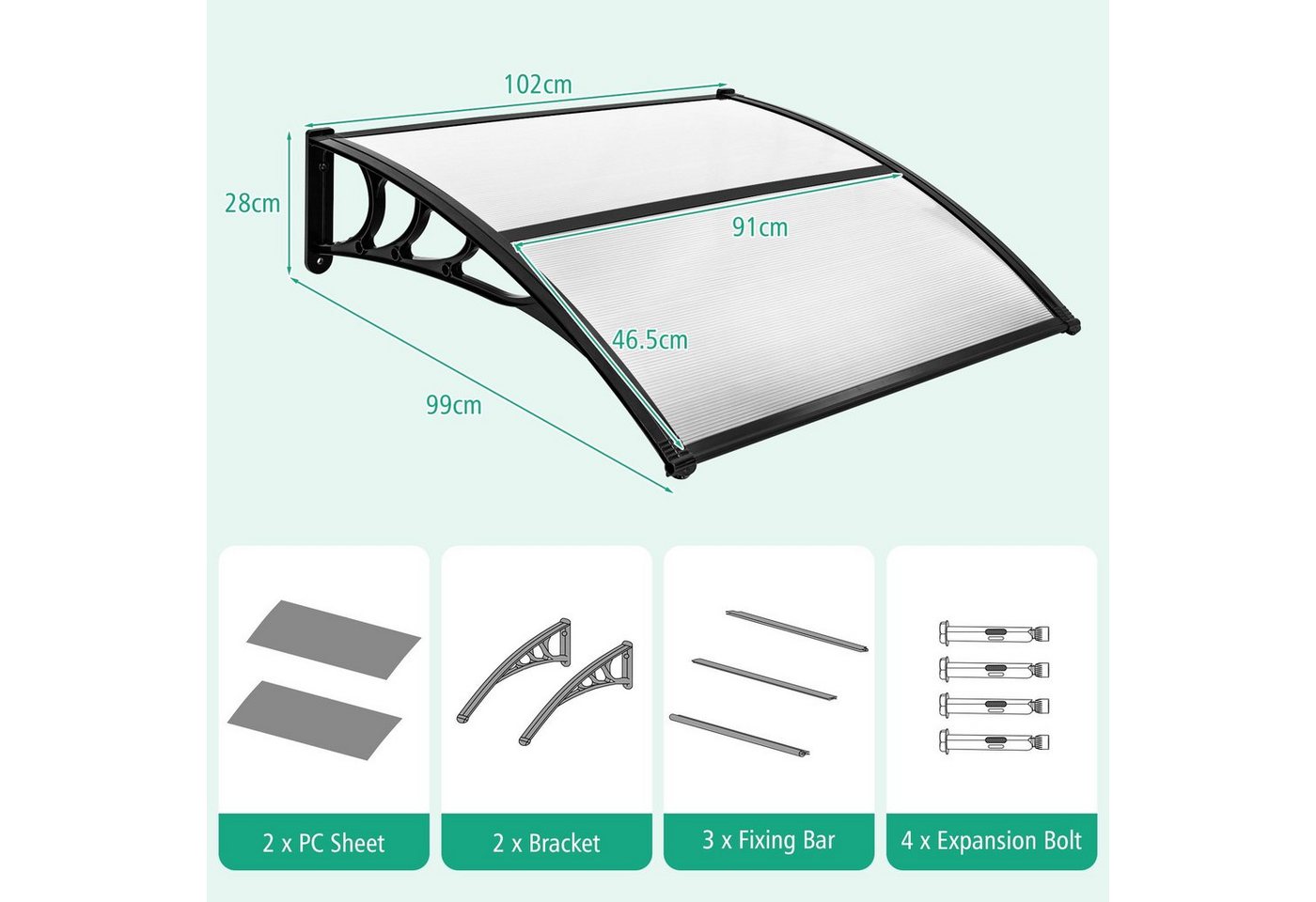 COSTWAY Pultvordach Überdachung, 102 x 98,5cm, Alu – Bild 3 von 3
