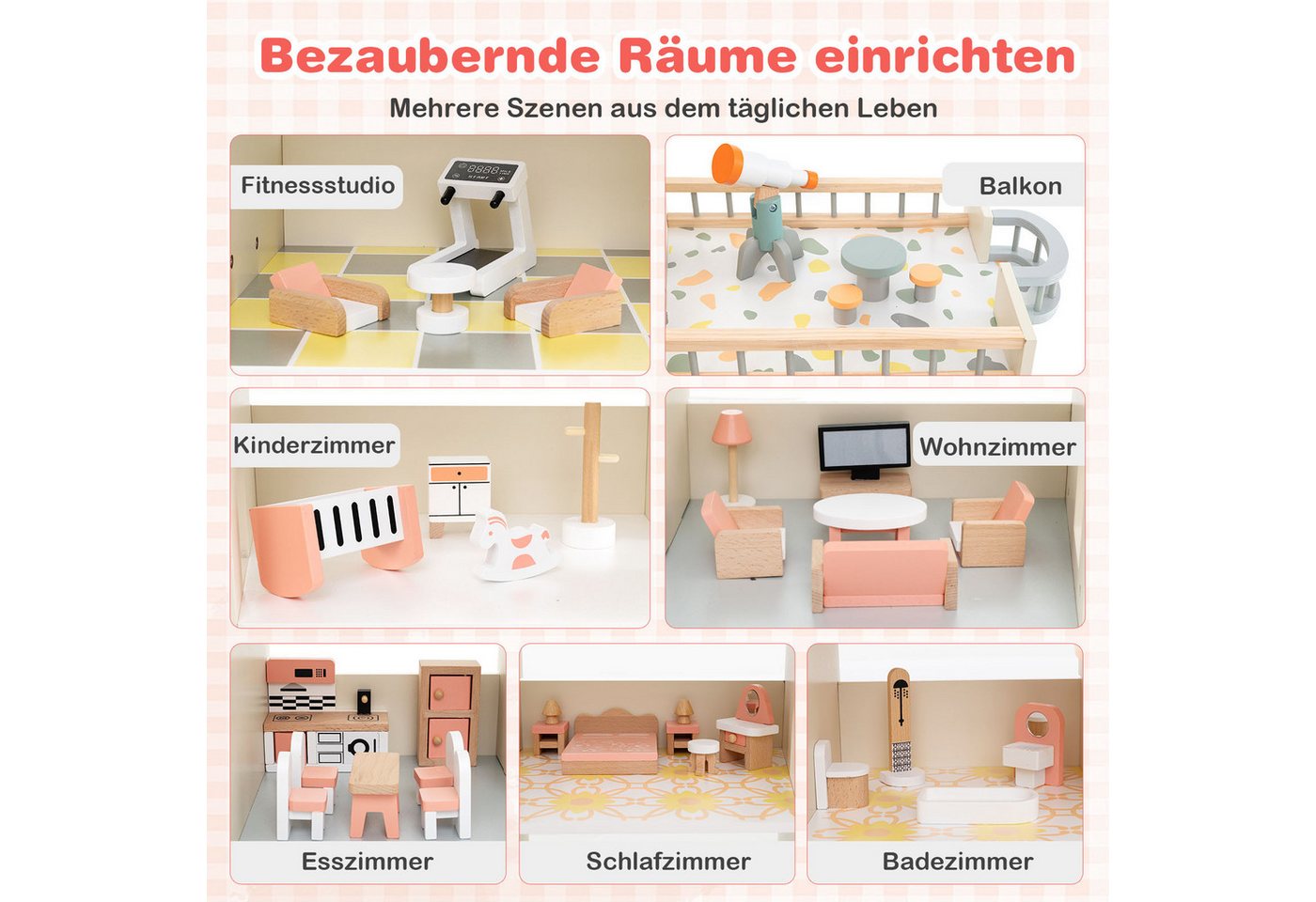 COSTWAY Puppenhaus, 6 Etagen mit 6 Zimmern & 41 Zubehör, Holz – Bild 2 von 5