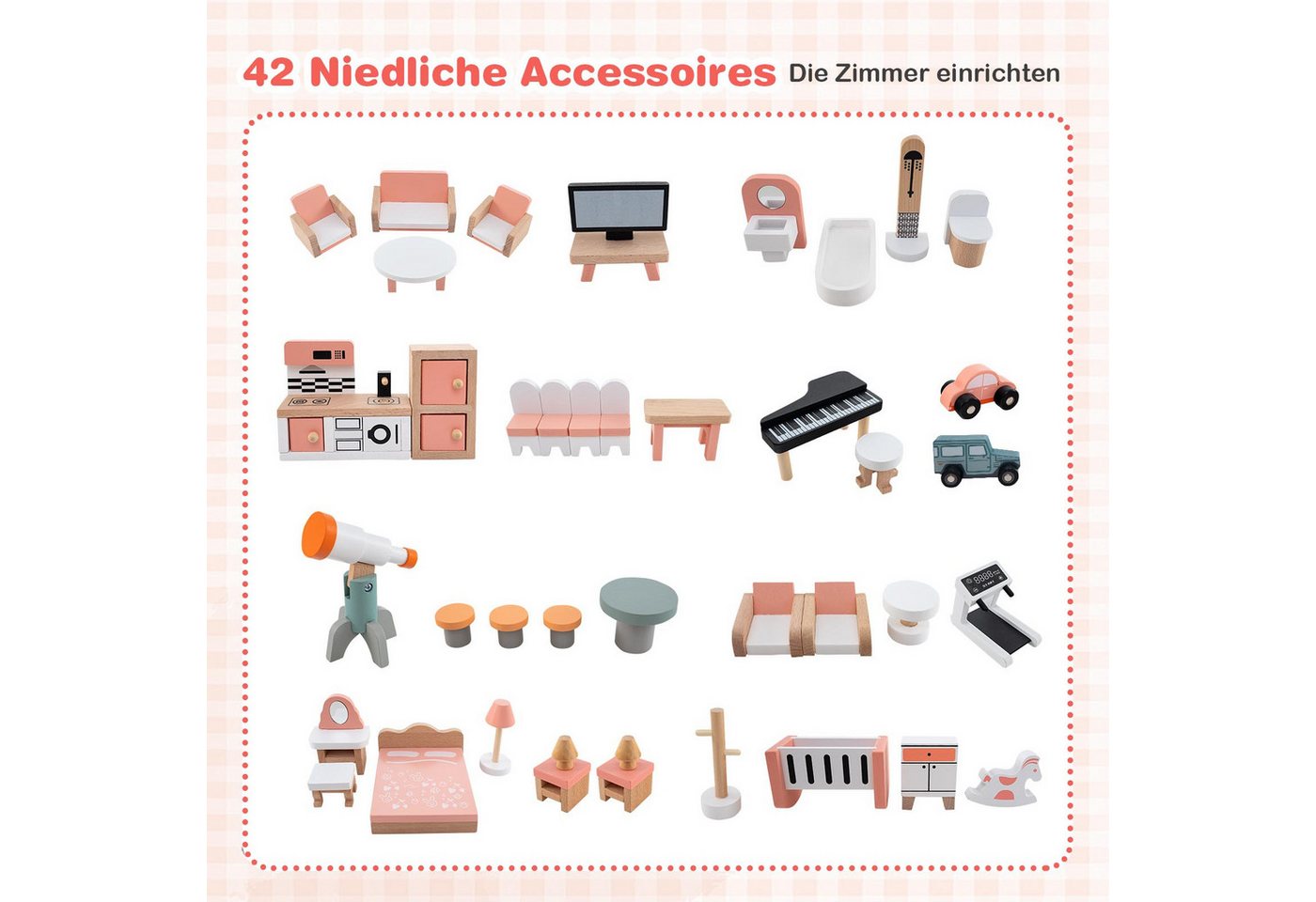 COSTWAY Puppenhaus, 6 Etagen mit 6 Zimmern & 41 Zubehör, Holz – Bild 3 von 5