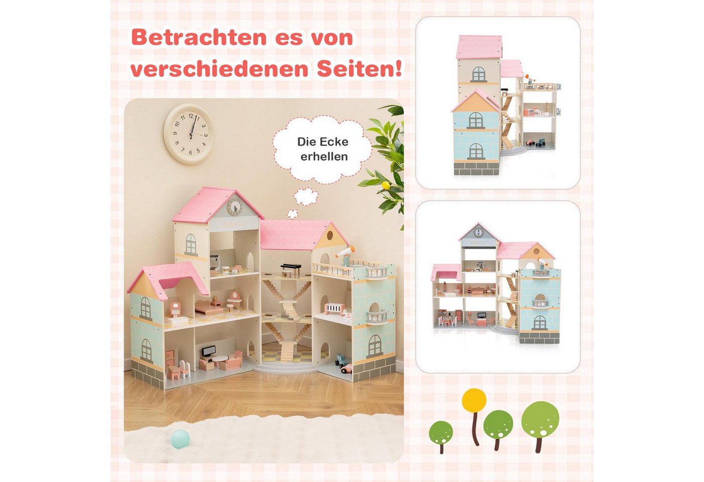 COSTWAY Puppenhaus, 6 Etagen mit 6 Zimmern & 41 Zubehör, Holz – Bild 4 von 5