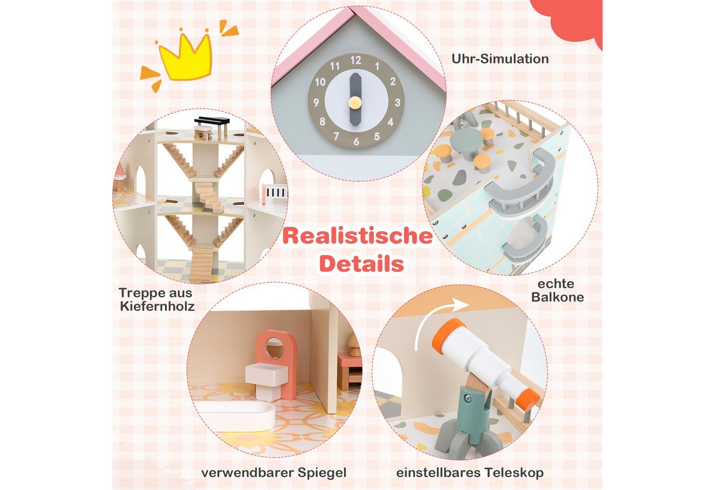 COSTWAY Puppenhaus, 6 Etagen mit 6 Zimmern & 41 Zubehör, Holz – Bild 5 von 5