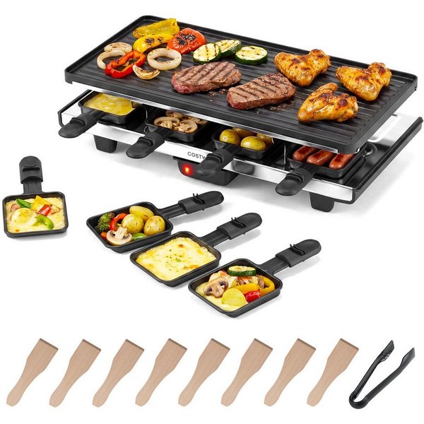 COSTWAY Raclette, 8 Raclettepfännchen, 1400 W, wendbarer Antihaft-Grillplatte