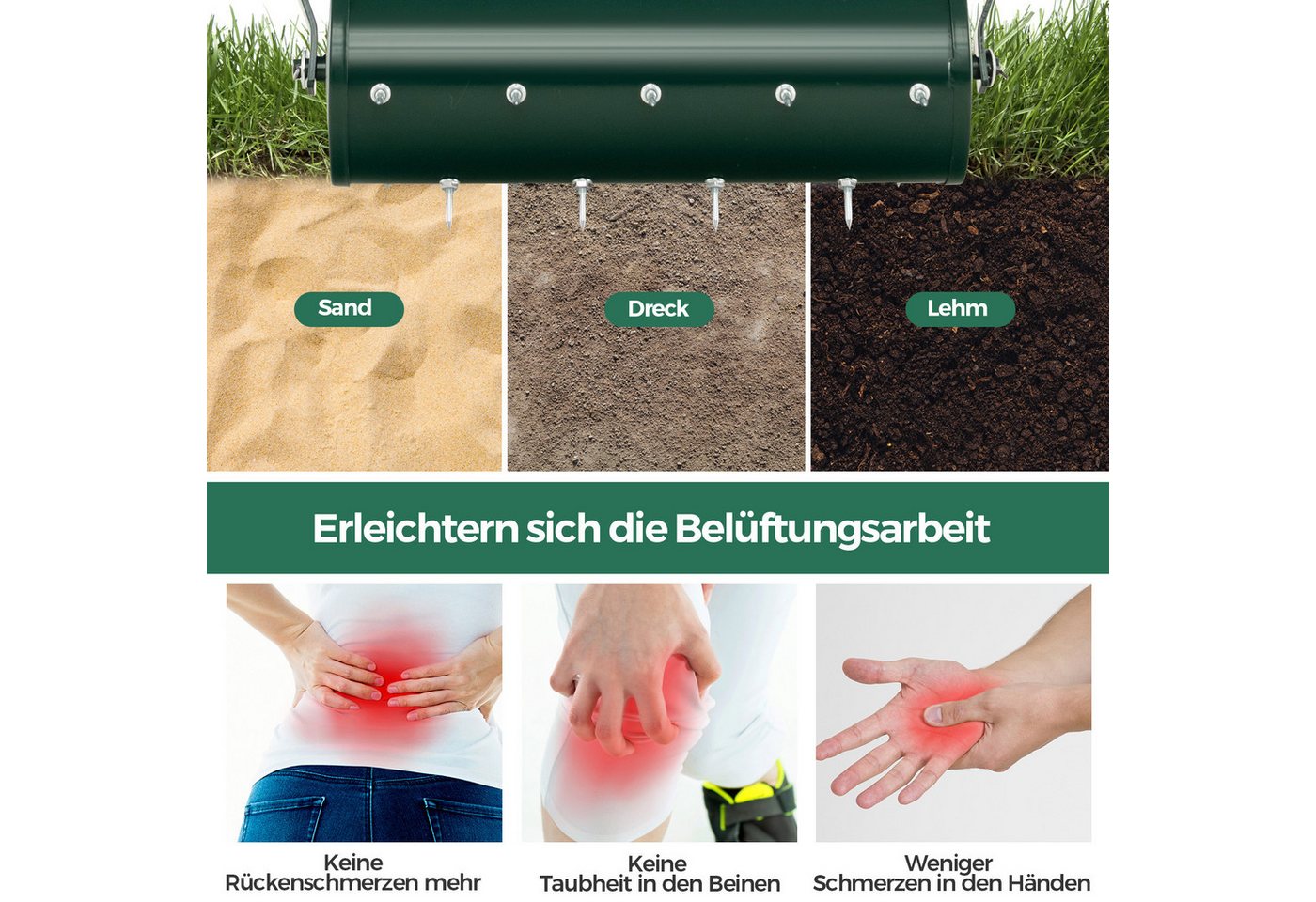 COSTWAY Rasenlüfter, 44 cm Arbeitsbreite, (1-tlg), Rasenrolle mit Stiel & Nägeln, manuell, 44x128 cm – Bild 3 von 5