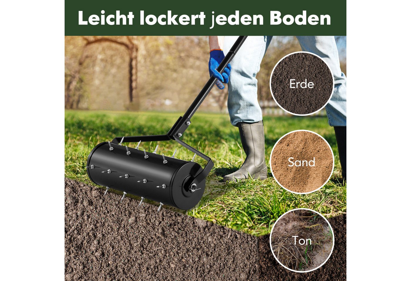 COSTWAY Rasenlüfter, (1-tlg), Rasenrolle mit Stiel & Nägeln, 44x128 cm, schwarz – Bild 2 von 5