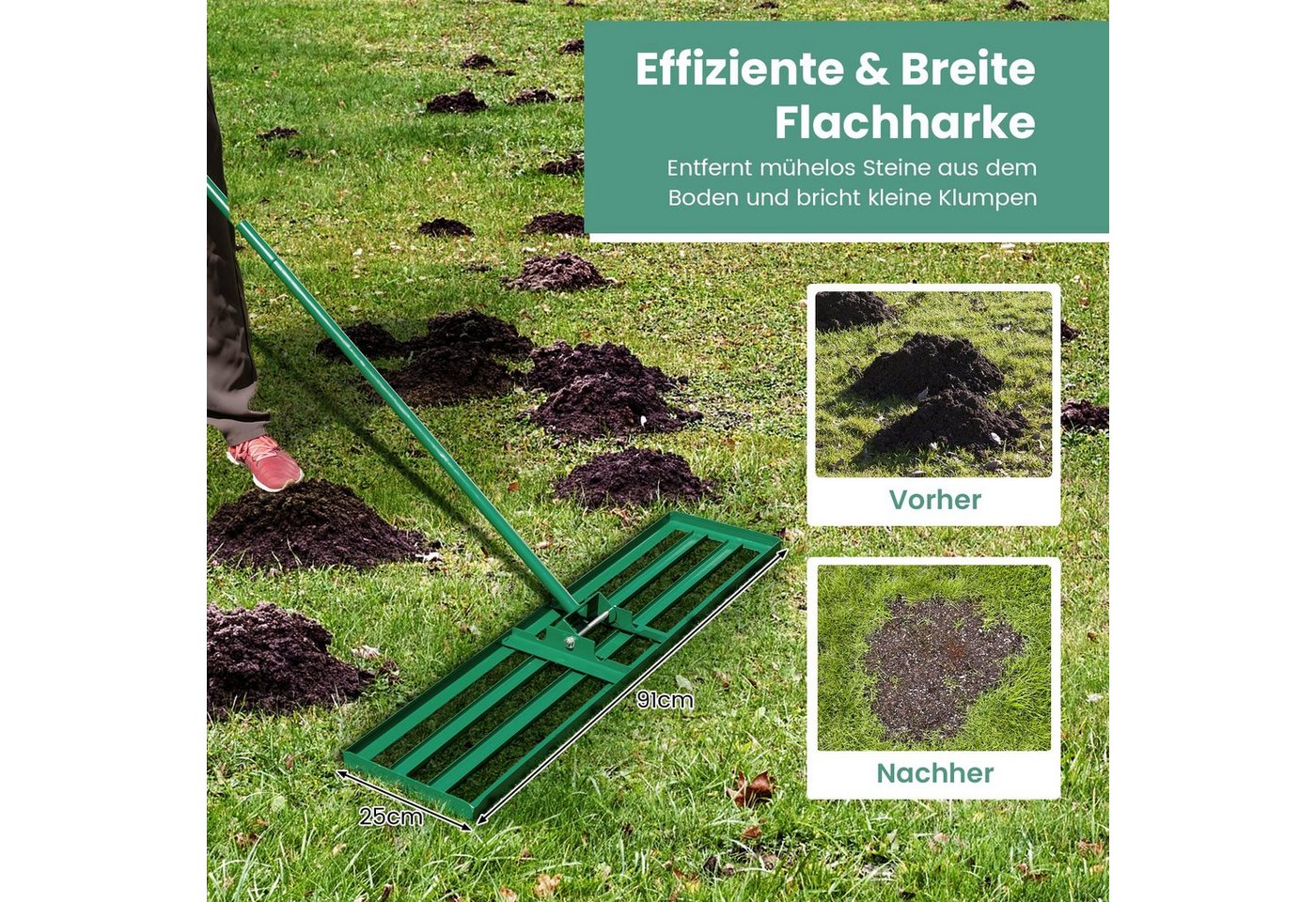 COSTWAY Rasenrechen, mit 170,00 cm langem Stiel, 91 x 25cm, Rasenwerkzeug mit Griff, Metall, Grün – Bild 2 von 5