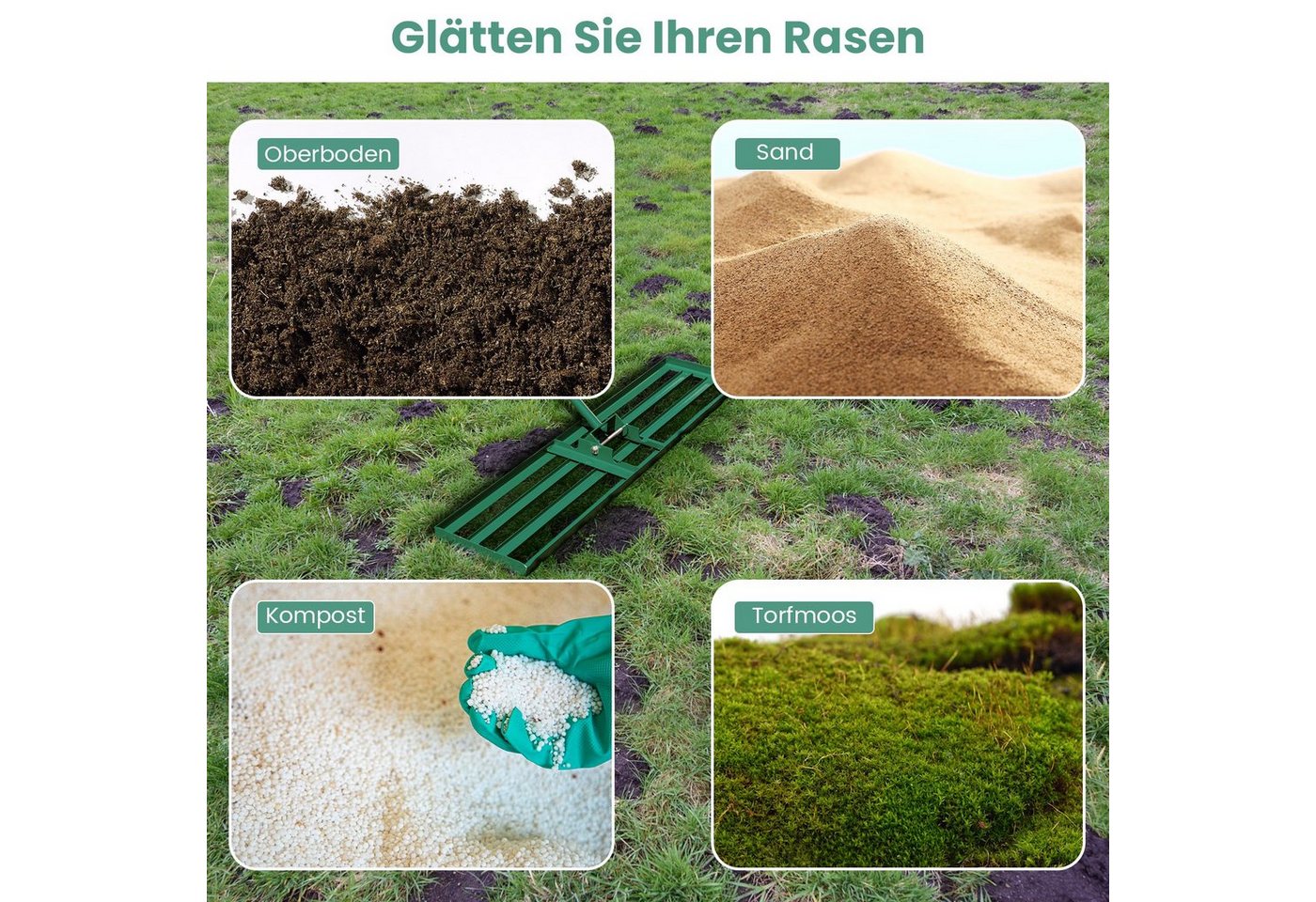 COSTWAY Rasenrechen, mit 170,00 cm langem Stiel, 91 x 25cm, Rasenwerkzeug mit Griff, Metall, Grün – Bild 3 von 5