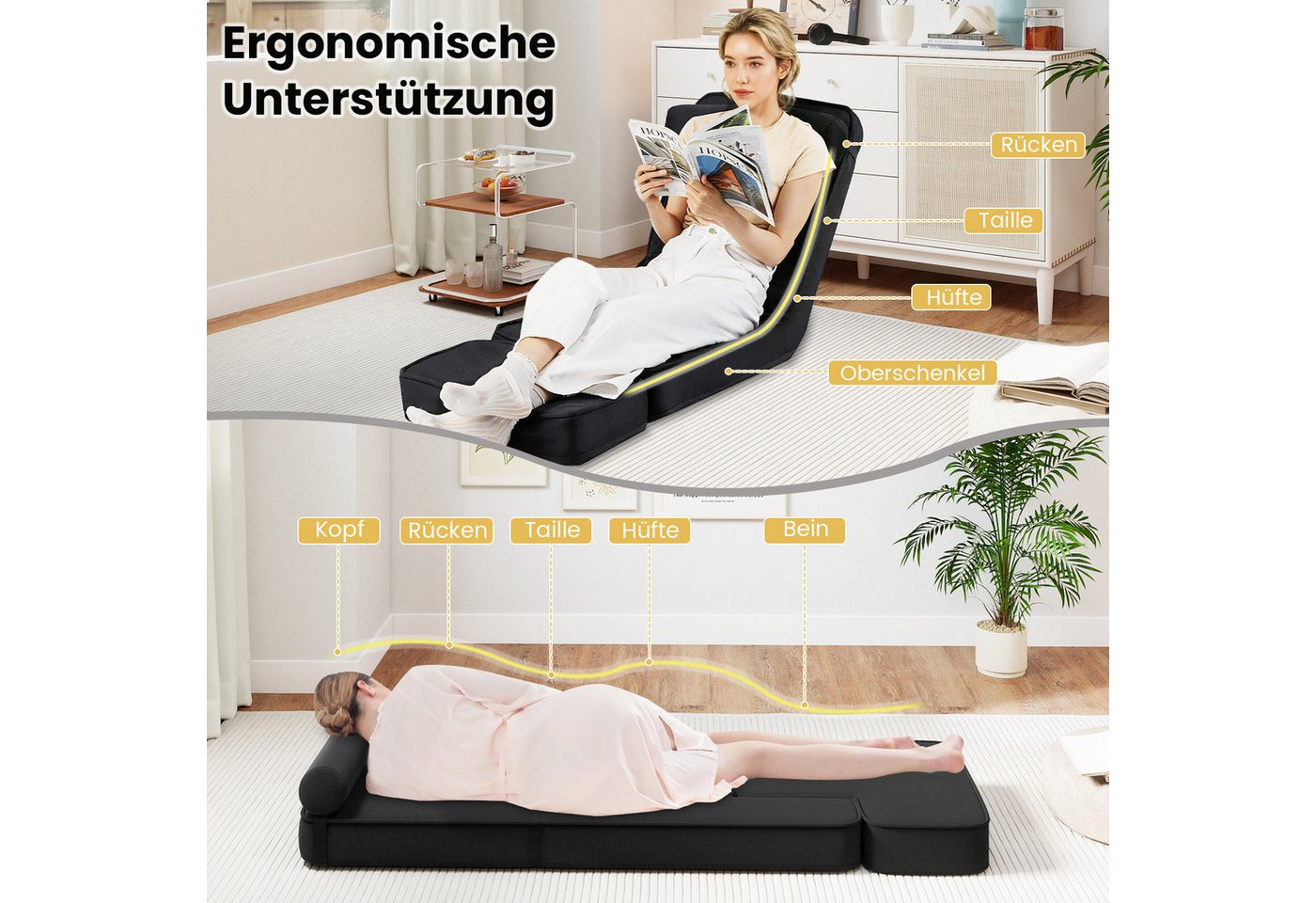 COSTWAY Relaxsessel, klappbar Bodensessel mit verstellbarer Rückenlehne gepolstert – Bild 4 von 5