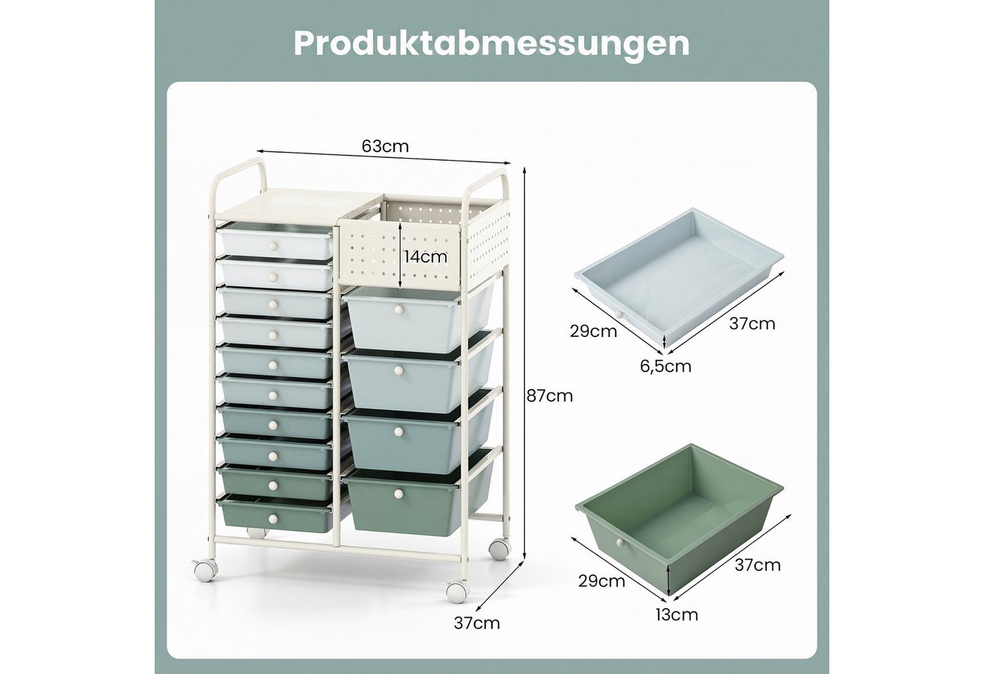 COSTWAY Rollcontainer, Rollwagen auf Rollen mit 14 Schubladen & Arbeitsplatte – Bild 5 von 5