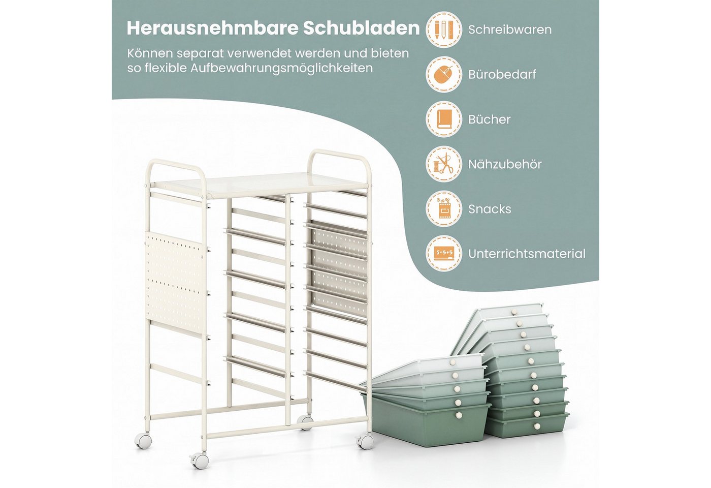 COSTWAY Rollcontainer, Rollwagen auf Rollen mit 15 Schubladen & Arbeitsplatte – Bild 3 von 5
