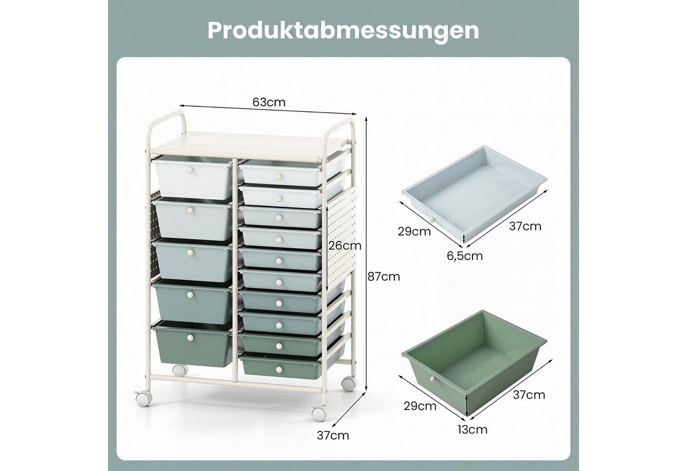 COSTWAY Rollcontainer, Rollwagen auf Rollen mit 15 Schubladen & Arbeitsplatte – Bild 5 von 5